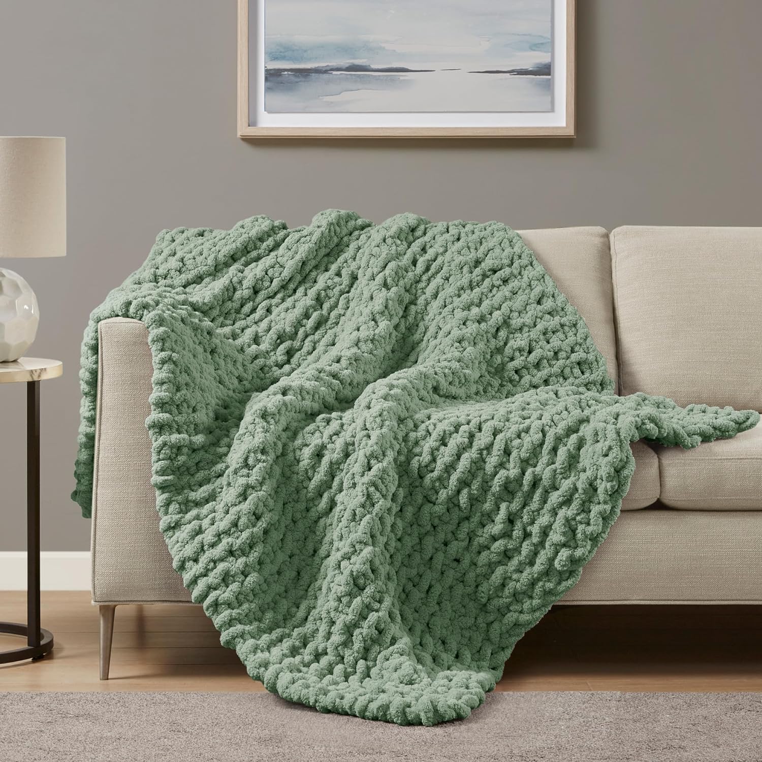 Madison Park Chunky Knit Handmade Throw, Luxurious and Classic Design, Elegantly Soft, Lightweight, Breathable Cover, Cottage Style Room Dcor Summer Blanket, 50 W x 60 L Sage Green