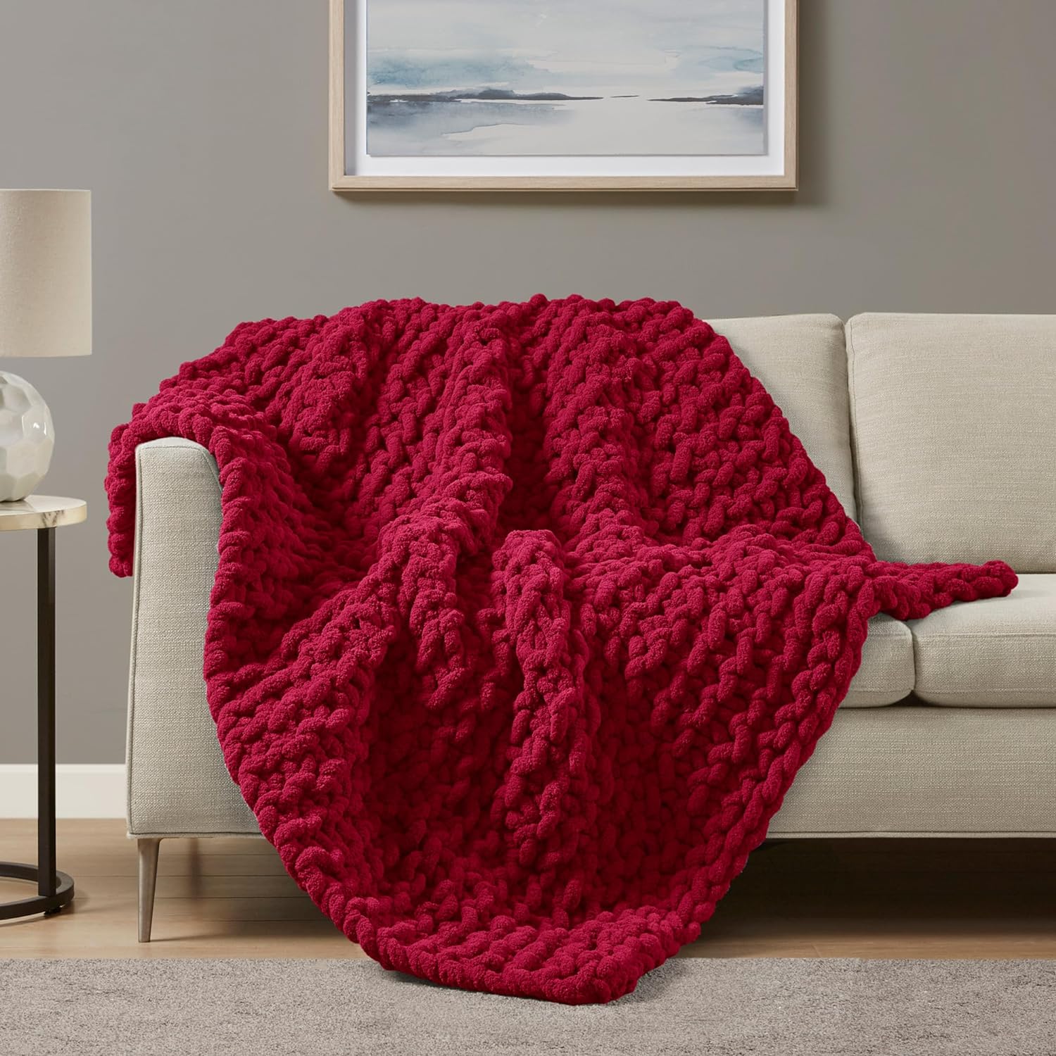 Madison Park Chunky Knit Handmade Throw, Luxurious and Classic Design, Elegantly Soft, Lightweight, Breathable Cover, Cottage Style Room Dcor Summer Blanket, 50 W x 60 L Red