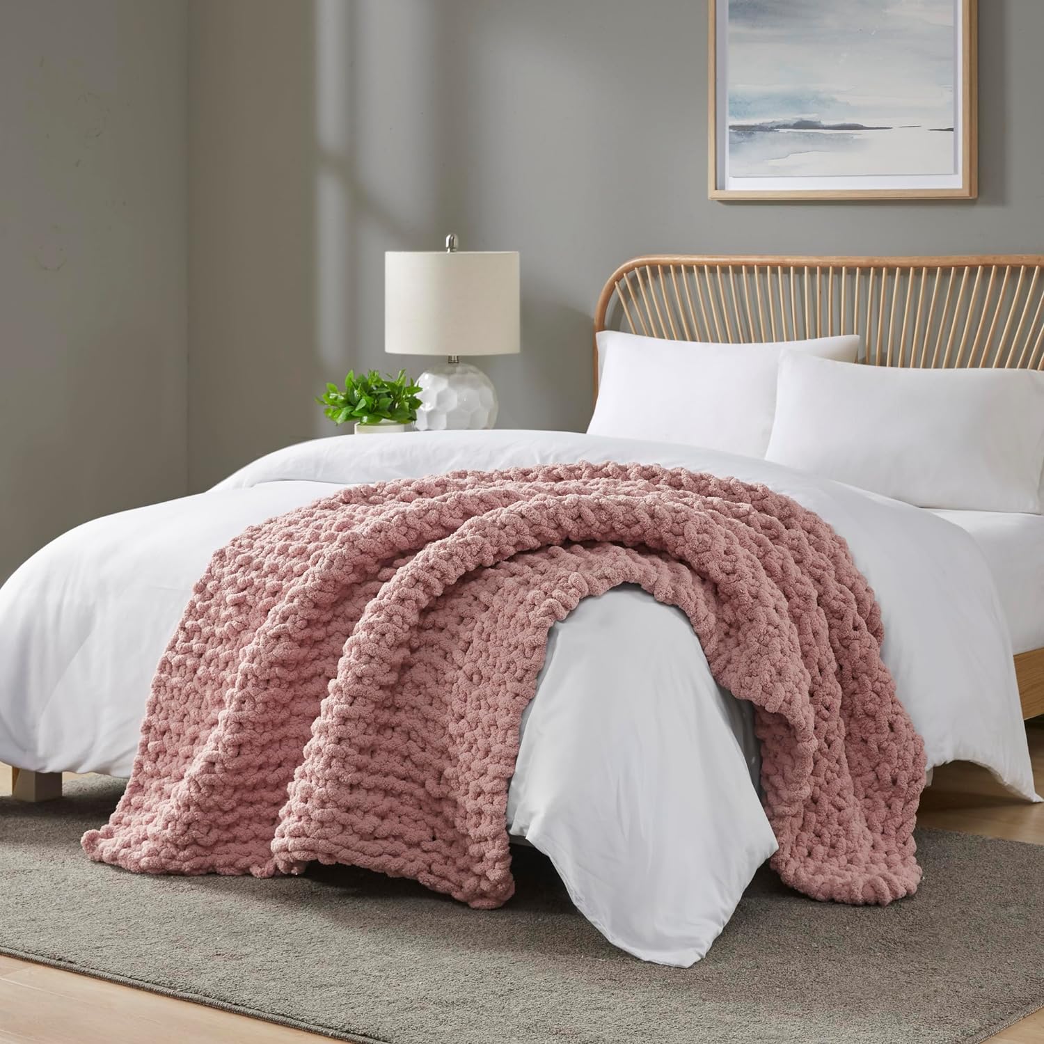 Madison Park Chunky Knit Handmade Throw Blanket, Luxurious and Classic Design, Elegantly Soft, Lightweight, Breathable, Cottage Style Room Dcor All Season Throw Blanket for Couch, 50W x 60L Blush