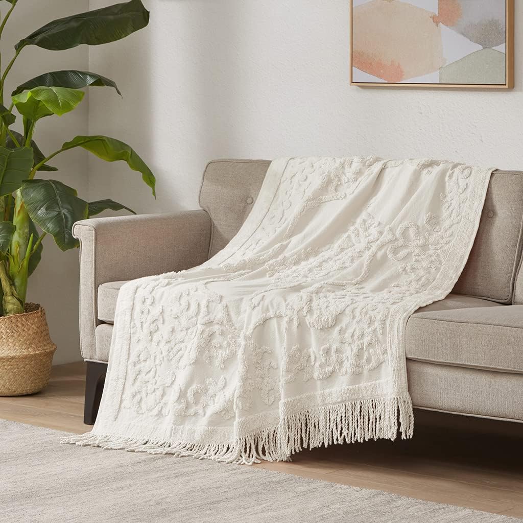 Madison Park 100% Cotton Tufted Chenille Design With Fringe Tassel Luxury Elegant Chic Lightweight, Breathable Cover, Luxe Cottage Room Dcor Summer Blanket, 50 x 60, Ivory