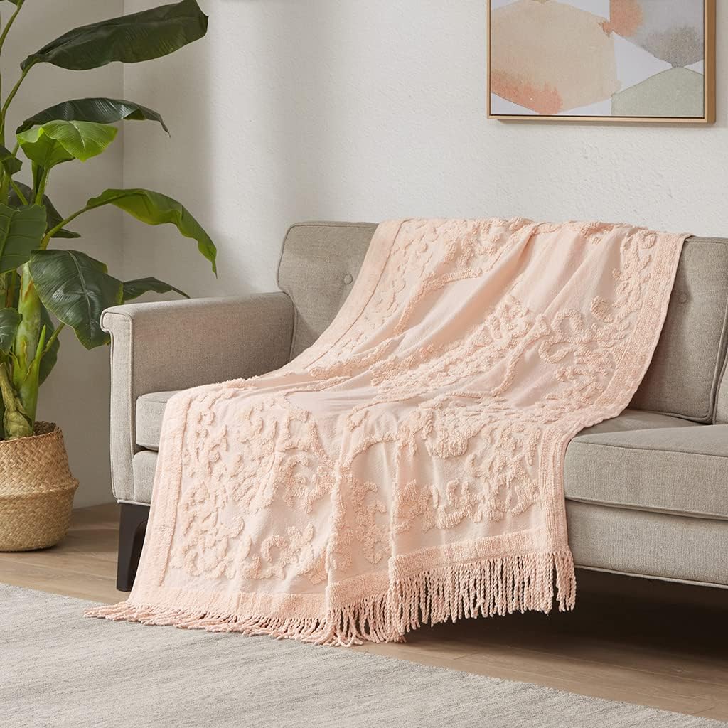 Madison Park 100% Cotton Tufted Chenille Design With Fringe Tassel Luxury Elegant Chic Lightweight, Breathable Cover, Luxe Cottage Room Dcor Summer Blanket, 50 x 60, Blush