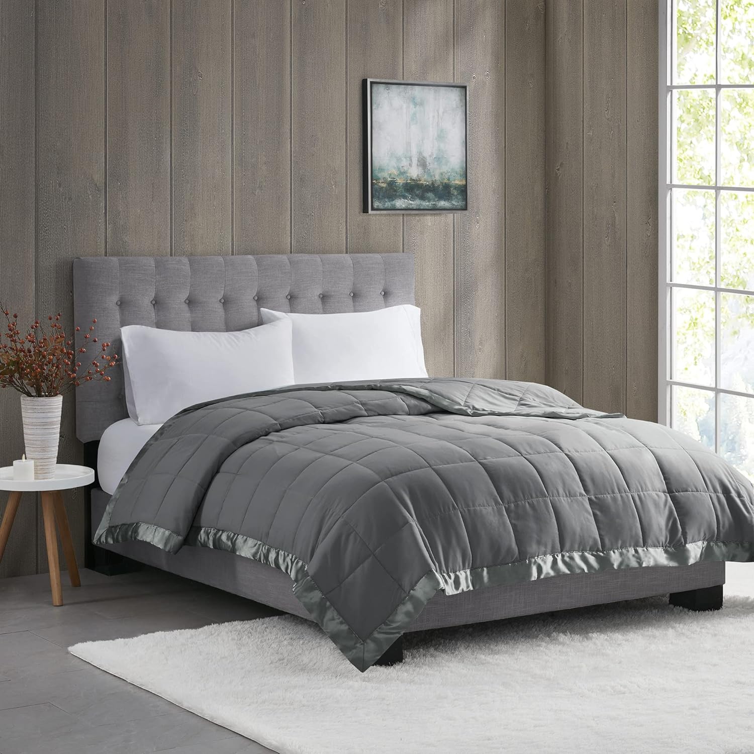 Madison Park Windom Down Alternative Blanket, Premium 3M Scotchgard Moisture Wicking Treatment, Lightweight and Soft Bed Cover For All Season, Satin Trim, Charcoal Full/Queen