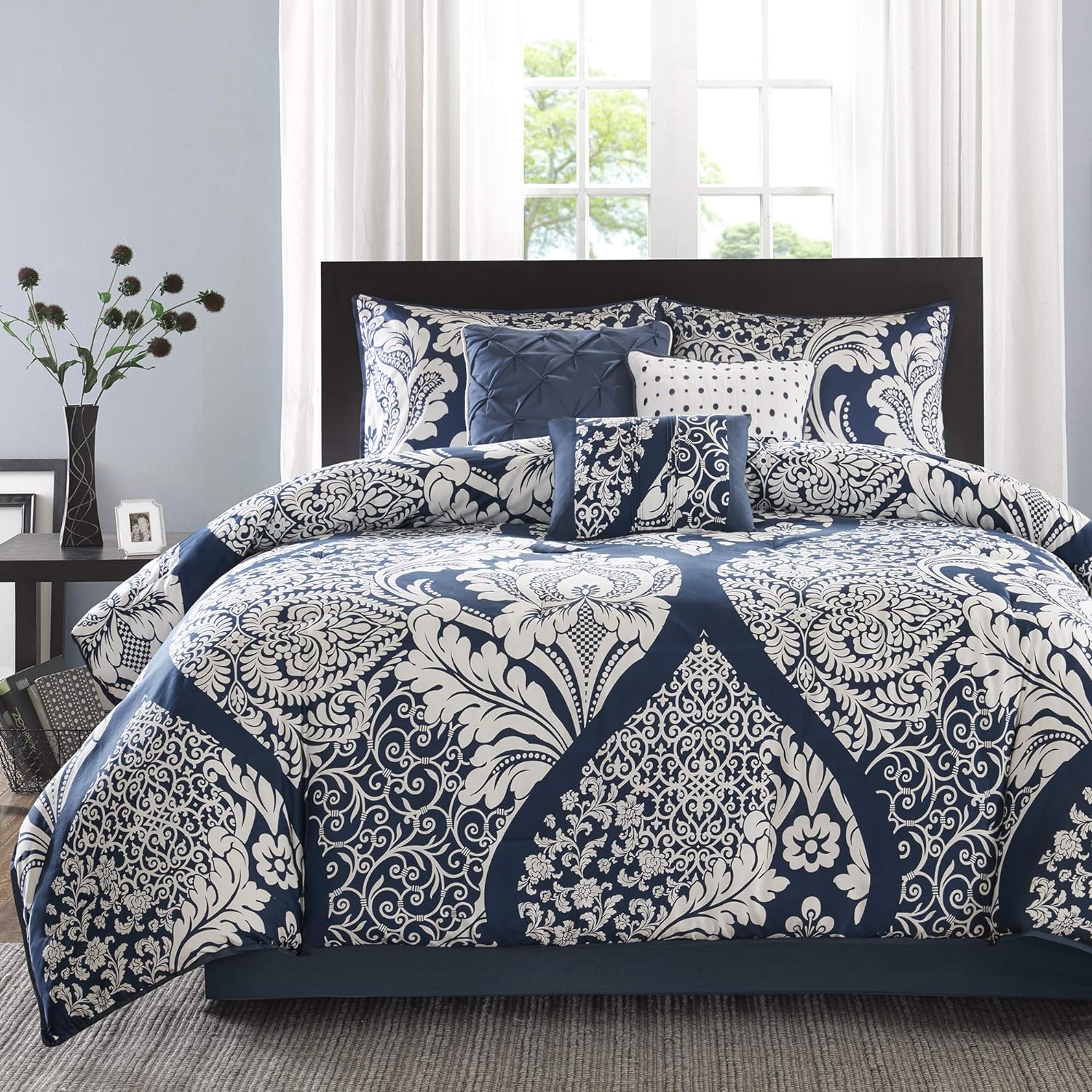 Madison Park Vienna Sateen Cotton Comforter Set, Breathable, Soft Cover, Trendy, All Season Down Alternative Cozy Bedding with Matching Shams, King, Indigo 7 Piece