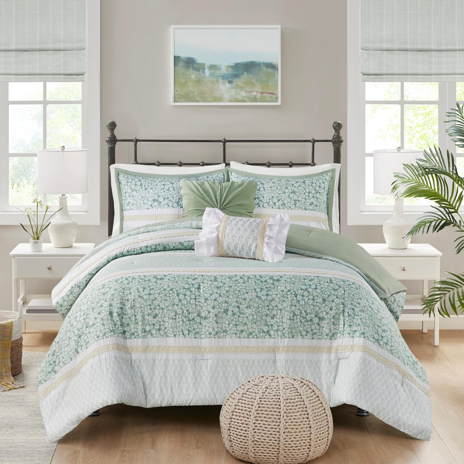 Madison Park Comforter Set, Seersucker Floral Queen Size Comforter Sets, Microfiber Comforters, All Season Lightweight Comforter, Throw Pillows, Caralie, Full/Queen Green 5 Piece