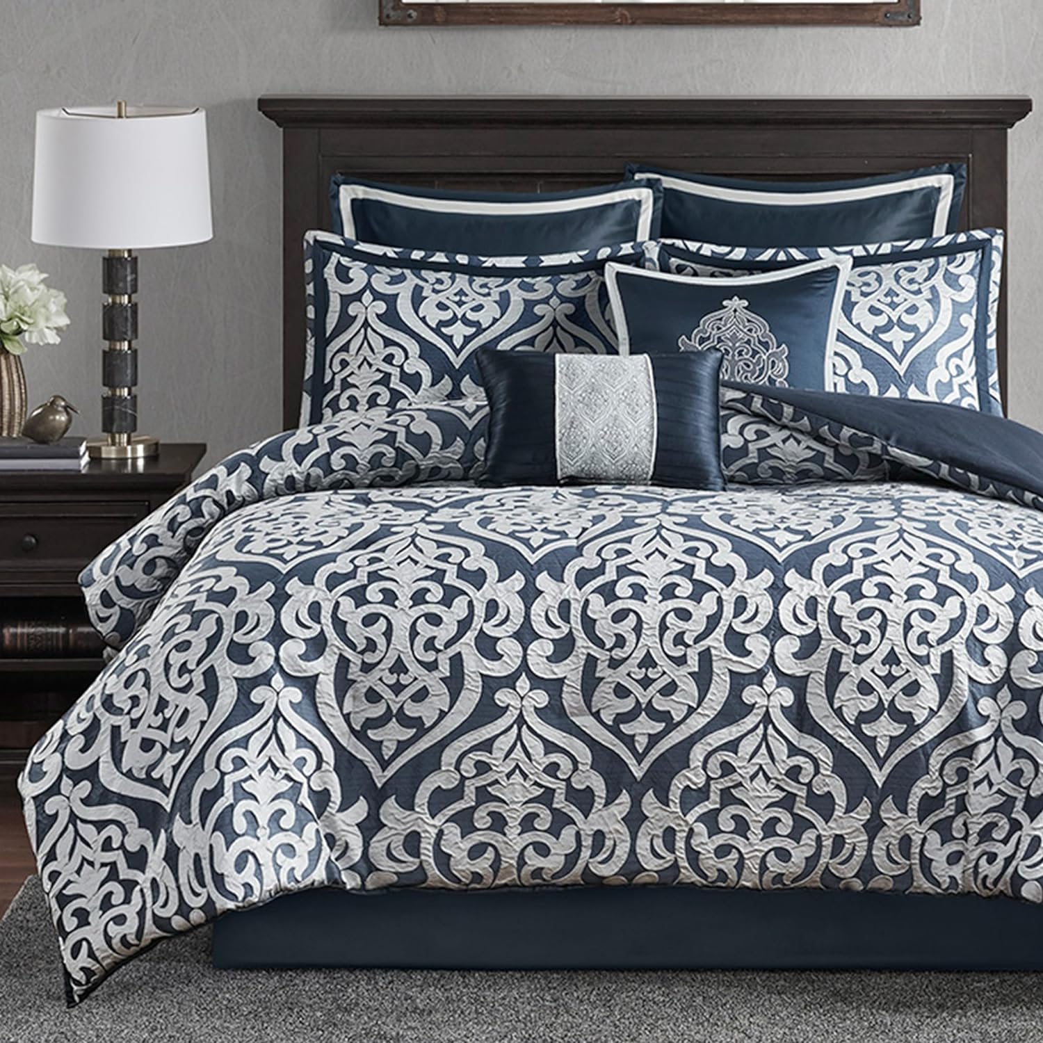 Madison Park Odette Cozy Comforter Set Jacquard Damask Medallion Design - Modern All Season, Down Alternative Bedding, Shams, Decorative Pillows, Queen(90 in x 90 in),Navy 8 Piece