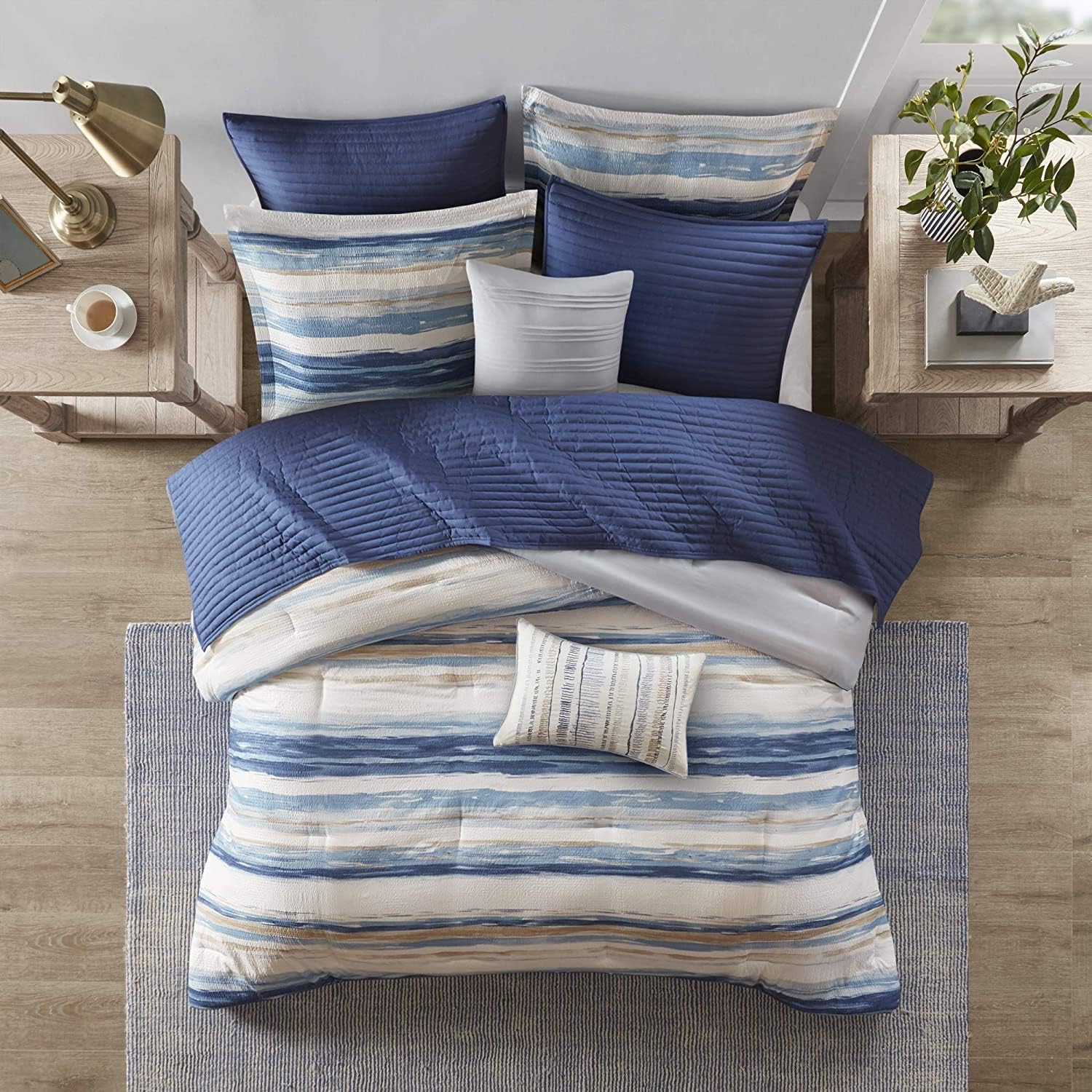 Madison Park Marina Comforter Quilt Combo Set - Modern Luxury Design, All Season Down Alternative Bedding, Matching Shams, Decorative Pillows, Full/Queen(90x90), Seersucker Blue 8 Piece