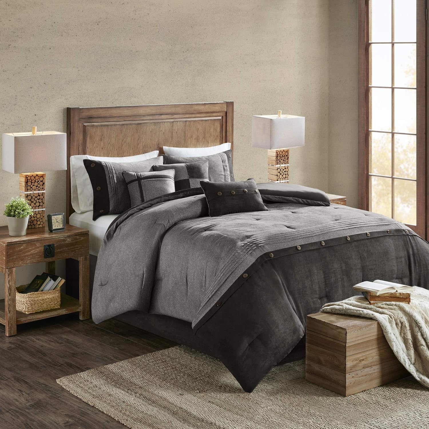 Madison Park Boone Cozy Comforter Set, Faux Suede, Deluxe Hotel Styling All Season Down Alternative Bedding Matching Shams, Decorative Pillow, Queen (90 in x 90 in), Rustic Grey 7 Piece,Dark Gray