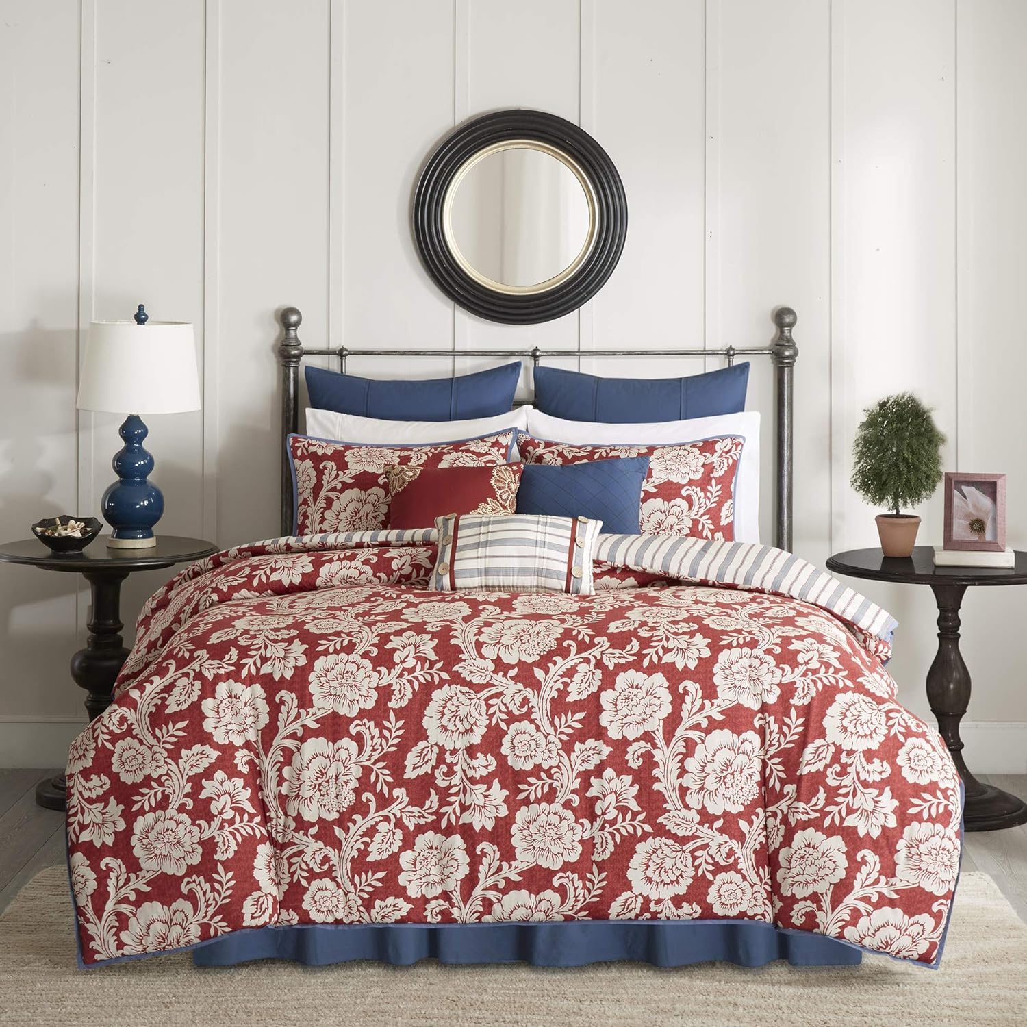 Madison Park Lucy 100% Cotton Reversible Duvet Set Beautiful Floral Pattern, Ruffle Border Design All Season, Breathable Comforter Cover Bedding, Matching Shams, Queen(90x90), Red 9 Piece