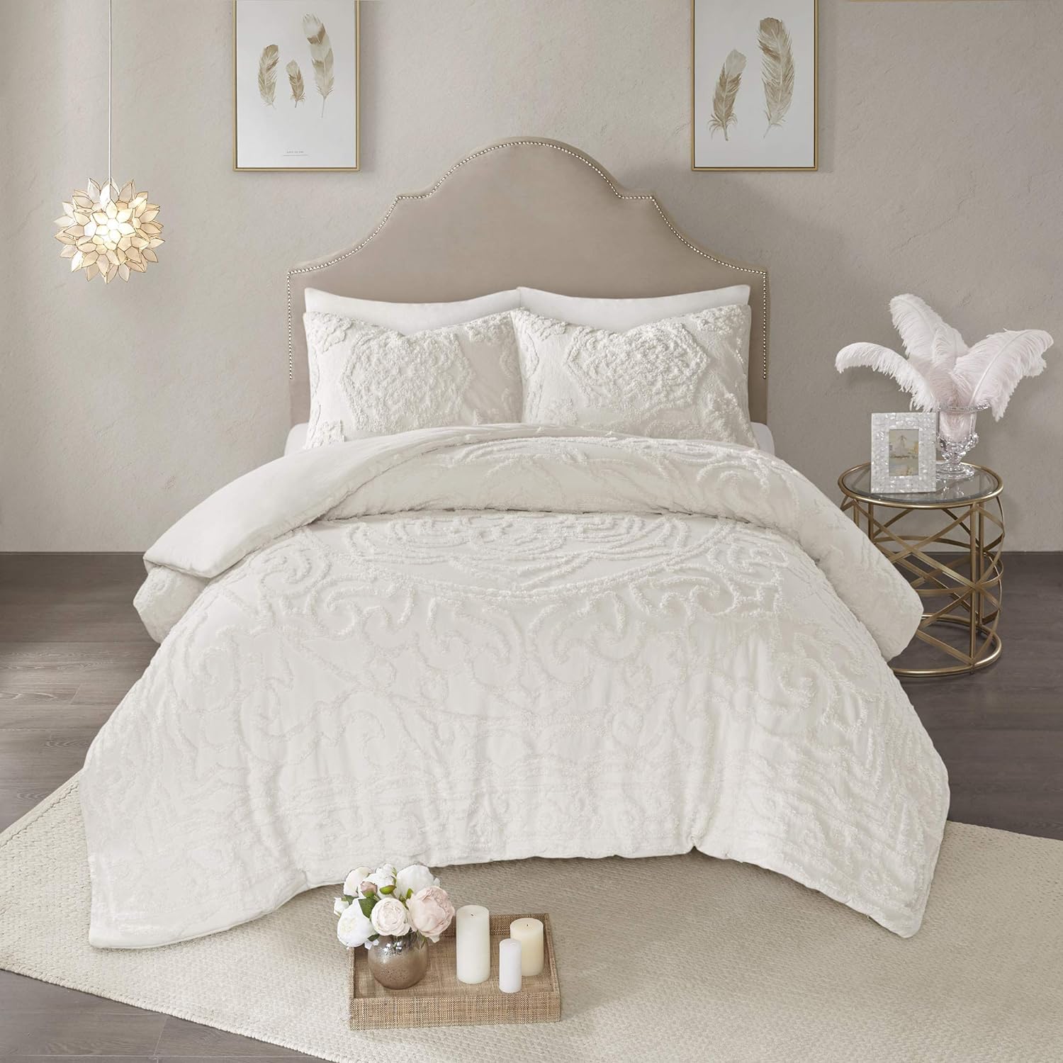 Madison Park Laetitia Comforter Bohemian Tufted Cotton Chenille, Medallion Shabby Chic All Season Down Alternative Bed Set with Matching Shams, Floral Off White Full/Queen(90x90) 3 Piece