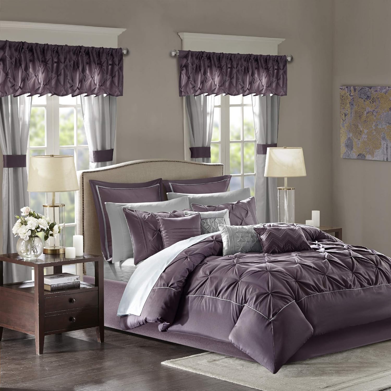 Madison Park Essentials Queen Comforter Set, 24 PieceBeddingWithMatching Curtains, Decorative Pillows, Luxe Diamond Tufting , Room in a BagJoellaCollection, Plum Queen