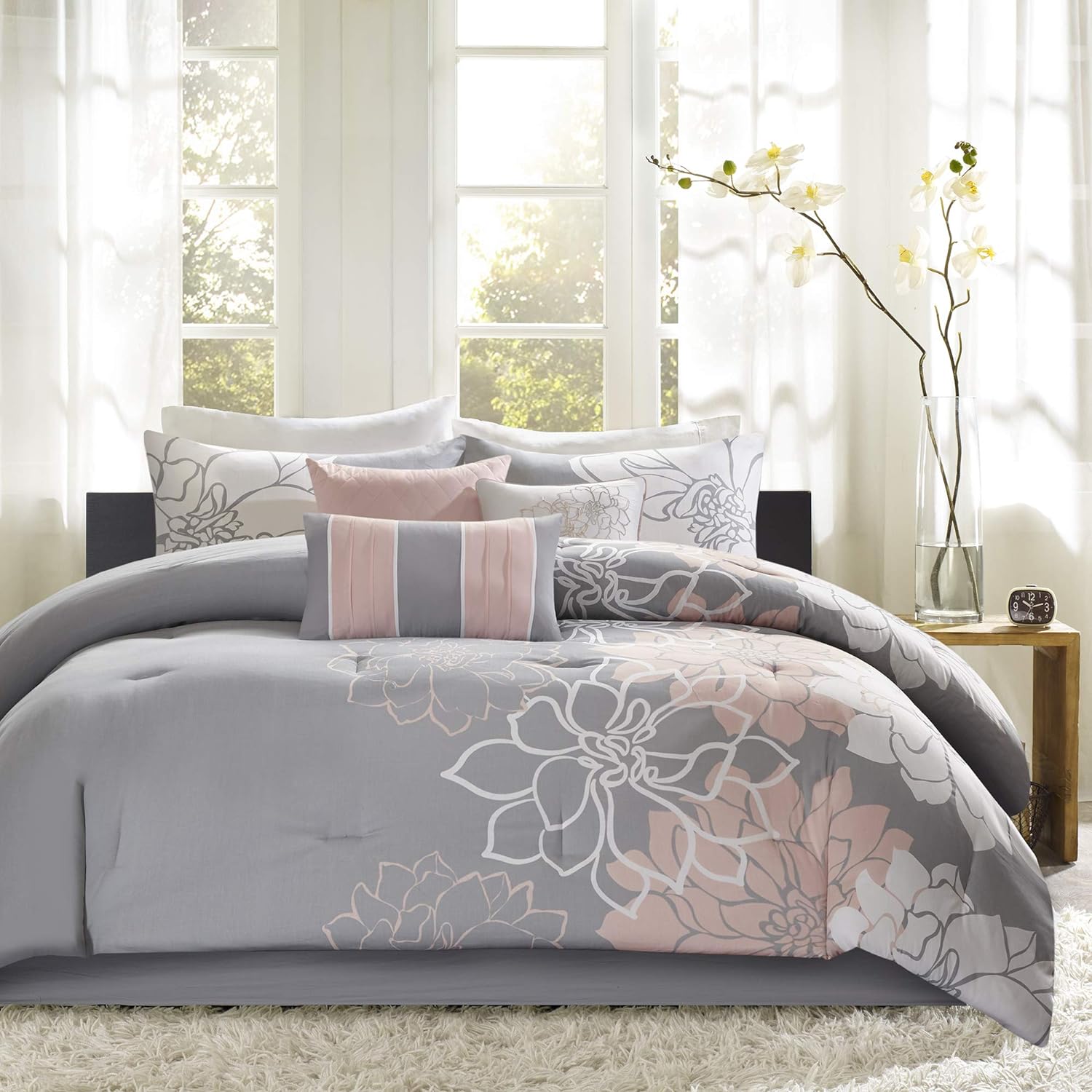 Madison Park Sateen Cotton Comforter Set, Breathable, Soft Cover, Modern Print, All Season Down Alternative Cozy Bedding with Matching Shams, Floral Taupe Grey/Peach, Queen 7 Piece