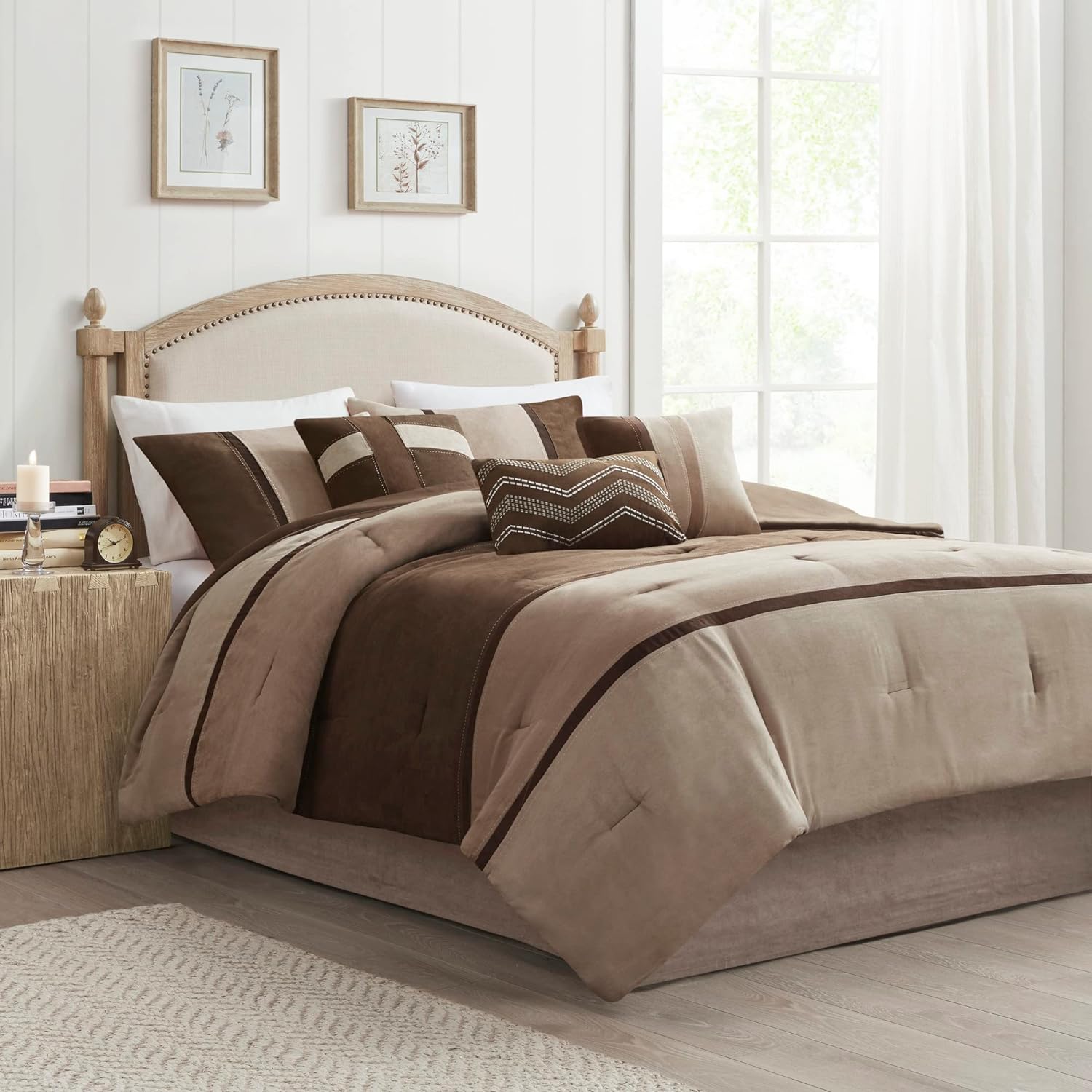 Madison Park Palisades Comforter Set Modern Faux Suede Pieced Stripe Design, All Season Down Alternative Cozy Bedding with Matching Shams, Decorative Pillows, Queen(90x90), Brown 7 Piece