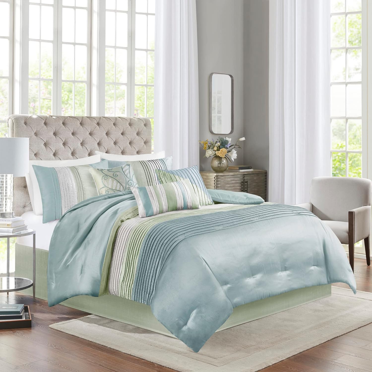 Madison Park Amherst Faux Silk Comforter Set-Casual Contemporary Design All Season Down Alternative Bedding, Matching Shams, Bedskirt, Decorative Pillows, Queen(90x90), Green, 7 Piece (MP10-846)