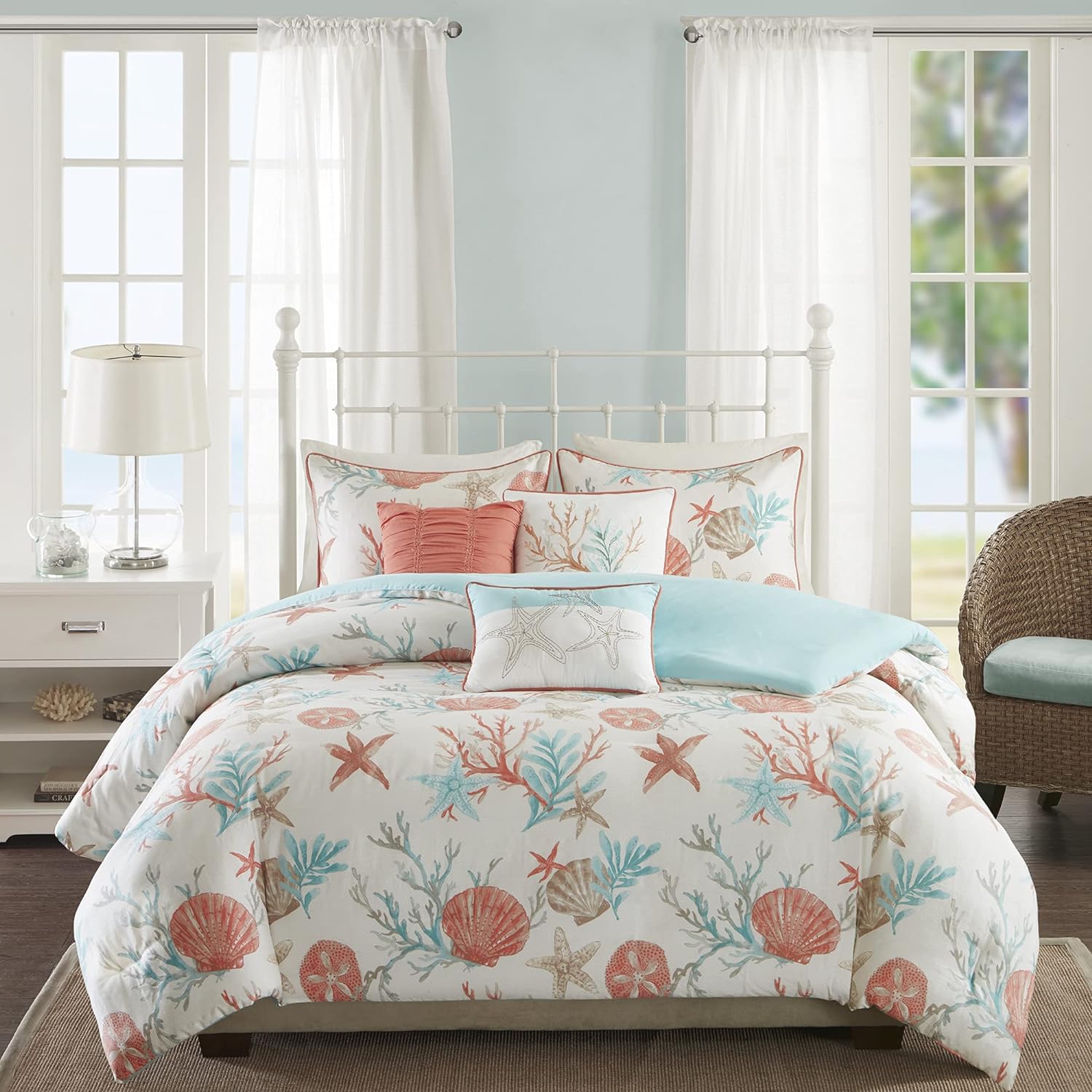 Madison Park Pebble Beach Cotton Duvet Set - Coastal, Starfish, Sealife Design, All Season, Breathable Comforter Cover Bedding, Matching Shams, Decorative Pillows, Coral Full/Queen(90x90) 6 Piece