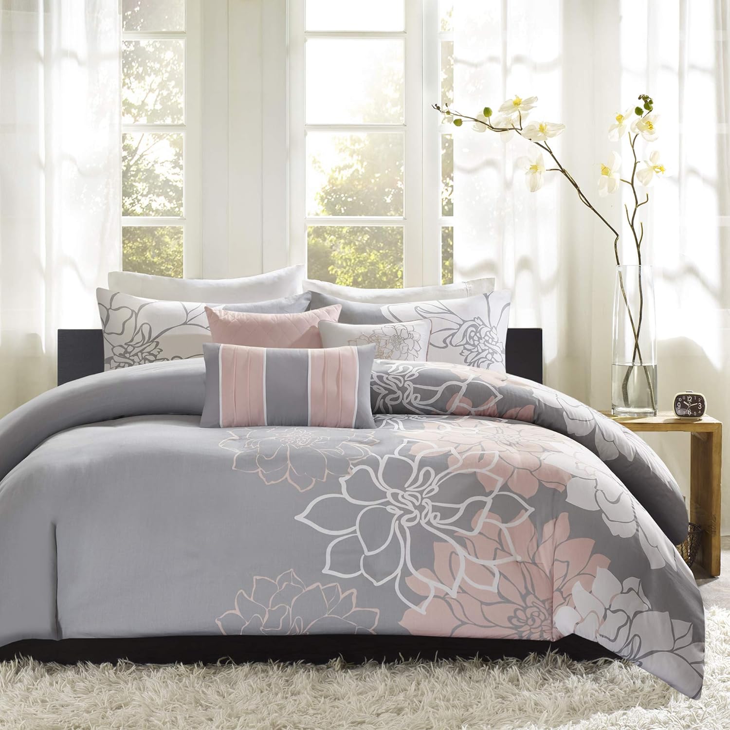 Madison Park Lola 100% Cotton Duvet Set Beautiful Floral Pattern, Ruffle Border Design All Season, Breathable Comforter Cover Bedding, Matching Shams, Full/Queen(90x90), Aqua/Grey 6 Piece,Blush/Grey