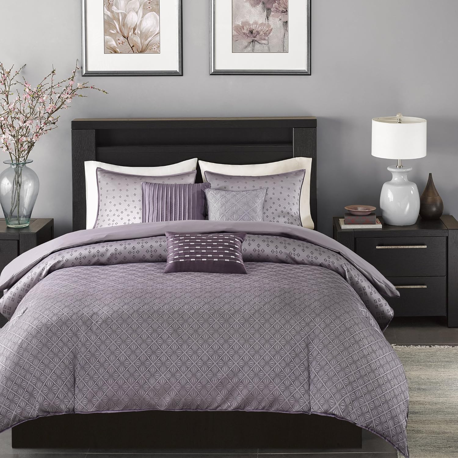 Madison Park Biloxi Duvet Cover - Geometric Duvet Cover Set, Ultra Soft Microfiber Light Weight Bed Comforter Covers, King/Cal King(104x92), Purple 6 Piece