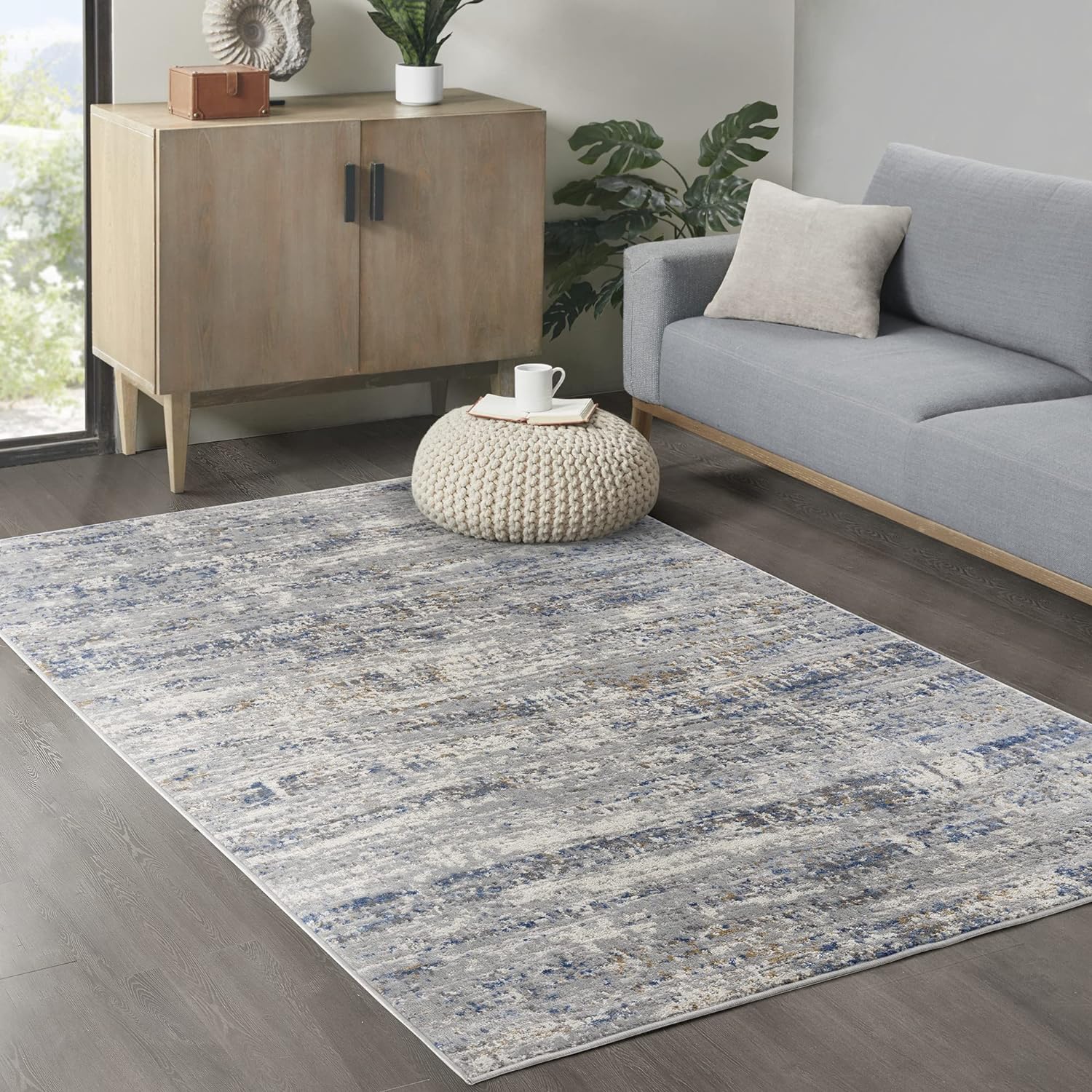 Madison Park Harley Woven Turkish Area Rugs for Living Room, Indoor Dining Accent Modern Home Dcor, Ultra Soft Floor Carpets for Dining Room, 7'11W x 10'L, Abstract Blue/Cream