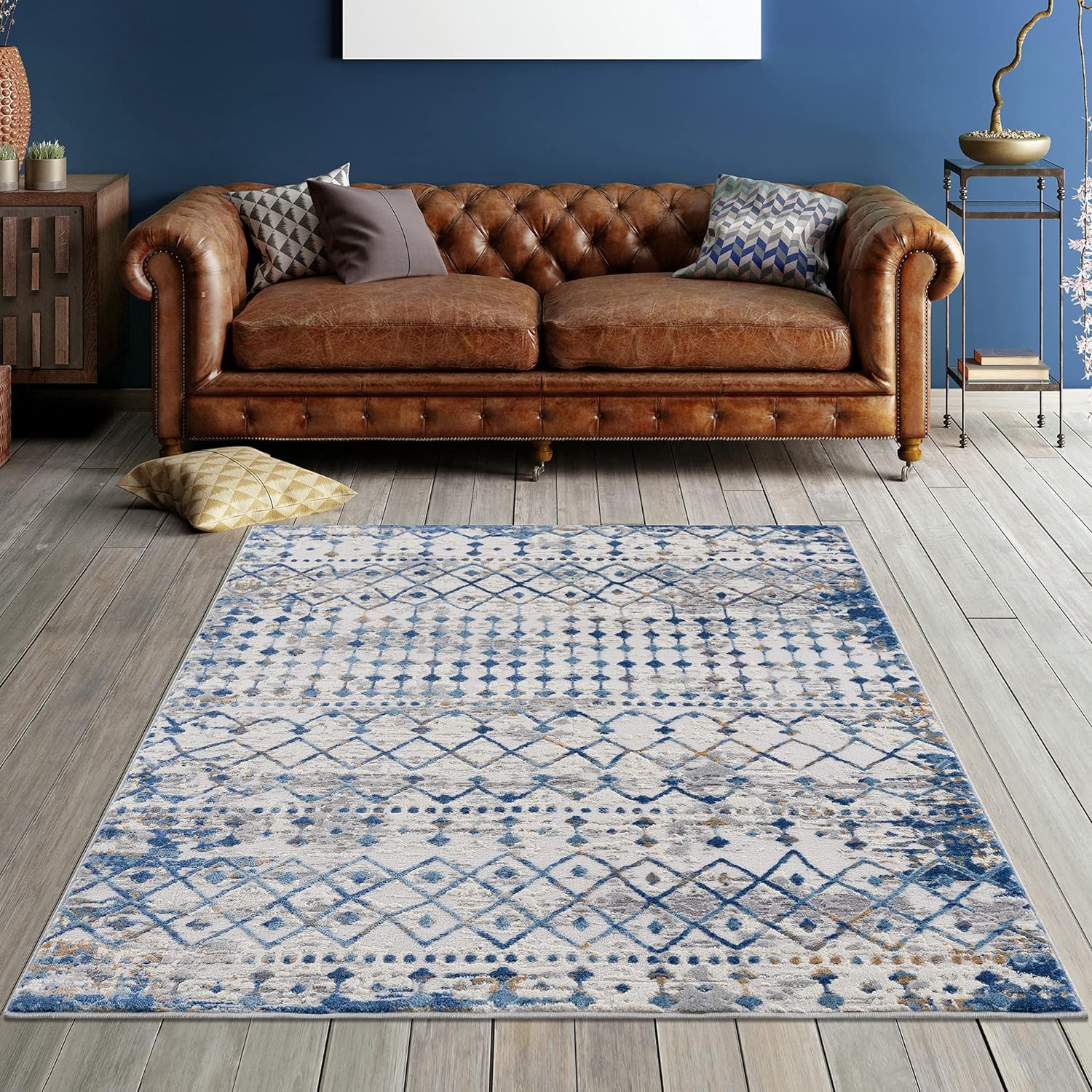 Madison Park Hannah Woven Turkish Area Rugs for Living Room, Indoor Dining Accent Modern Home Dcor, Ultra Soft Floor Carpets for Dining Room, 6'6W x 9'L, Moroccan Blue/Cream