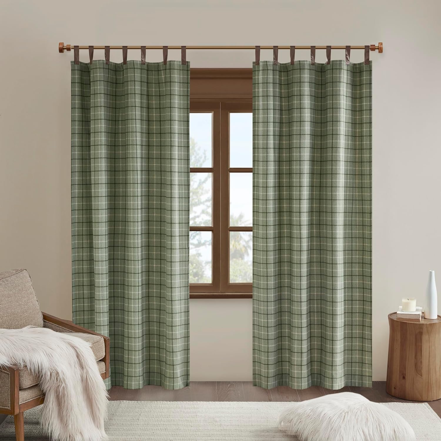 Madison Park Anaheim Cabin Plaid Curtain Window, Thermal Insulated Fleece Lining, Living Room Decor Light Blocking Drape for Bedroom, 1-Single Panel Pack, 50 x 84 Faux Leather Tab, Green