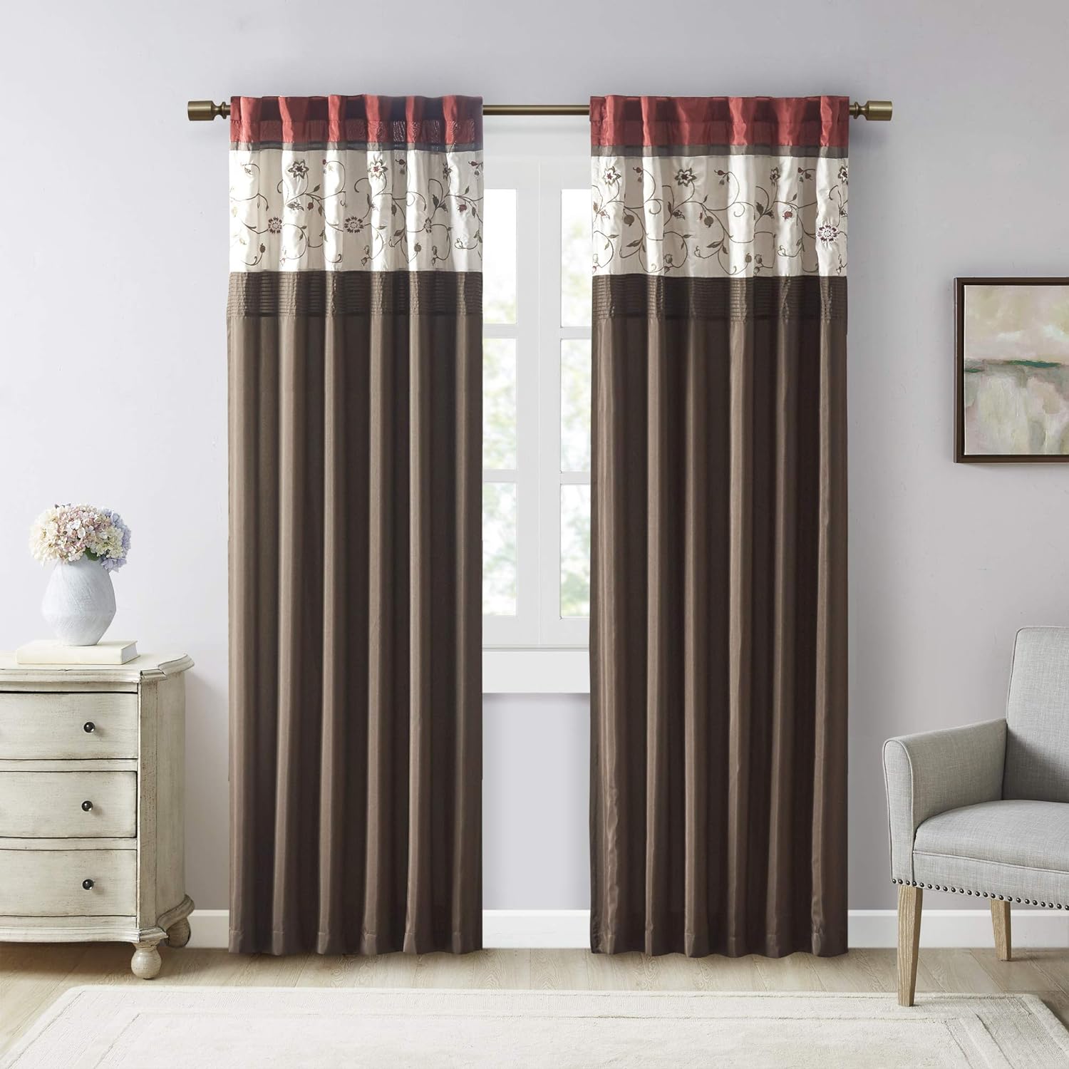 Madison Park Serene Embroidered Light Filtering Treatment Curtain Rod Pocket/Back Tab Single Window Panel Drape for Bedroom Livingroom and Dorm, 50x84, Red