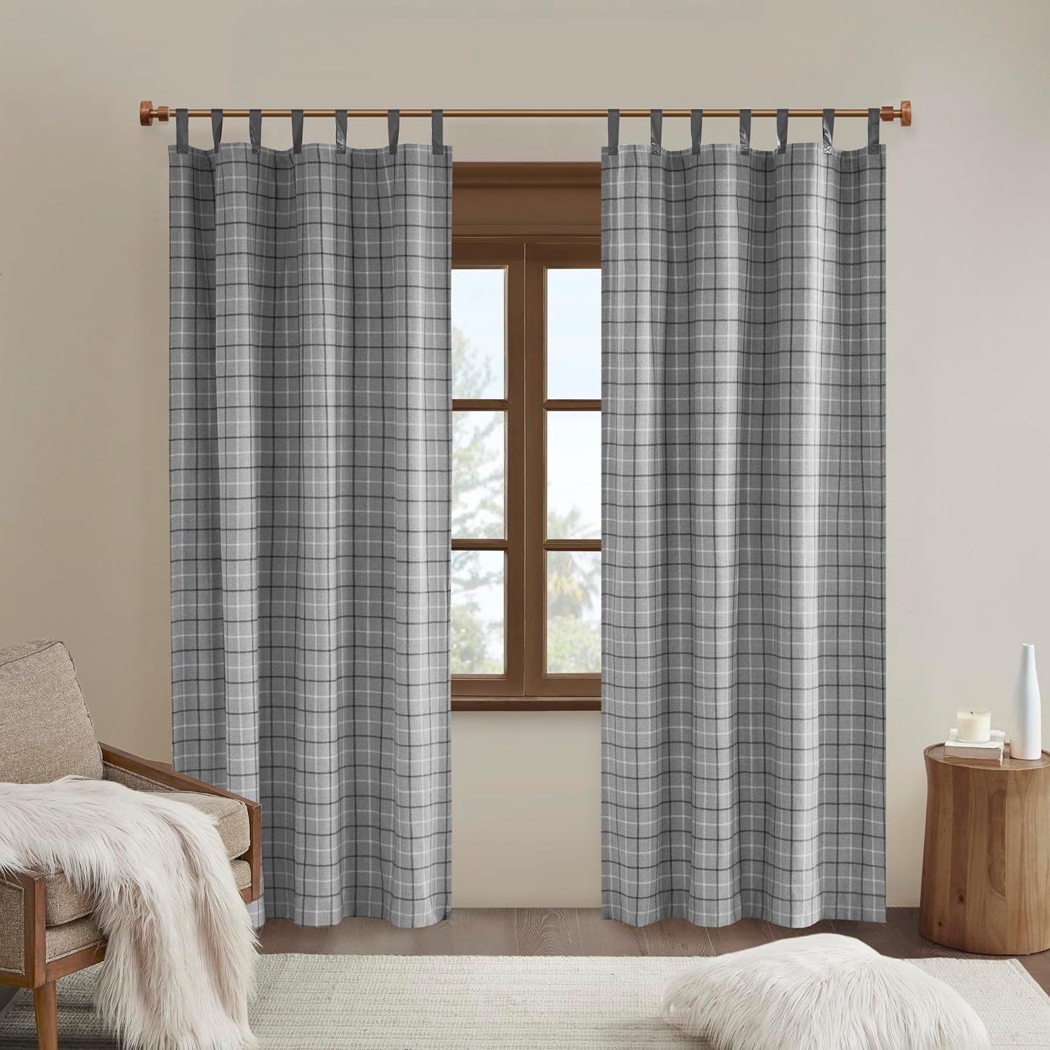 Madison Park Anaheim Cabin Plaid Curtain Window, Thermal Insulated Fleece Lining, Living Room Decor Light Blocking Drape for Bedroom, 1-Single Panel Pack, 50 x 84 Faux Leather Tab, Grey