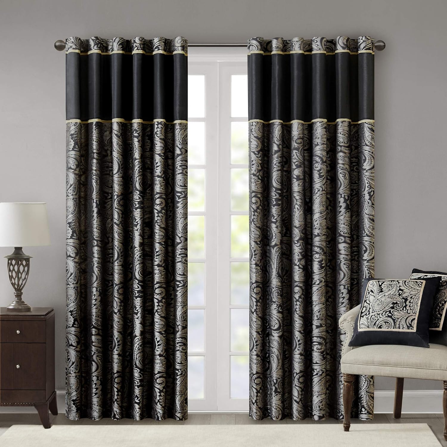 Madison Park Black Curtains For Living Room , Traditional Back Tab Curtains For Bedroom , Aubrey Jacquard Rod Pocket Window Curtains , 50x84, 2-Panel Pack