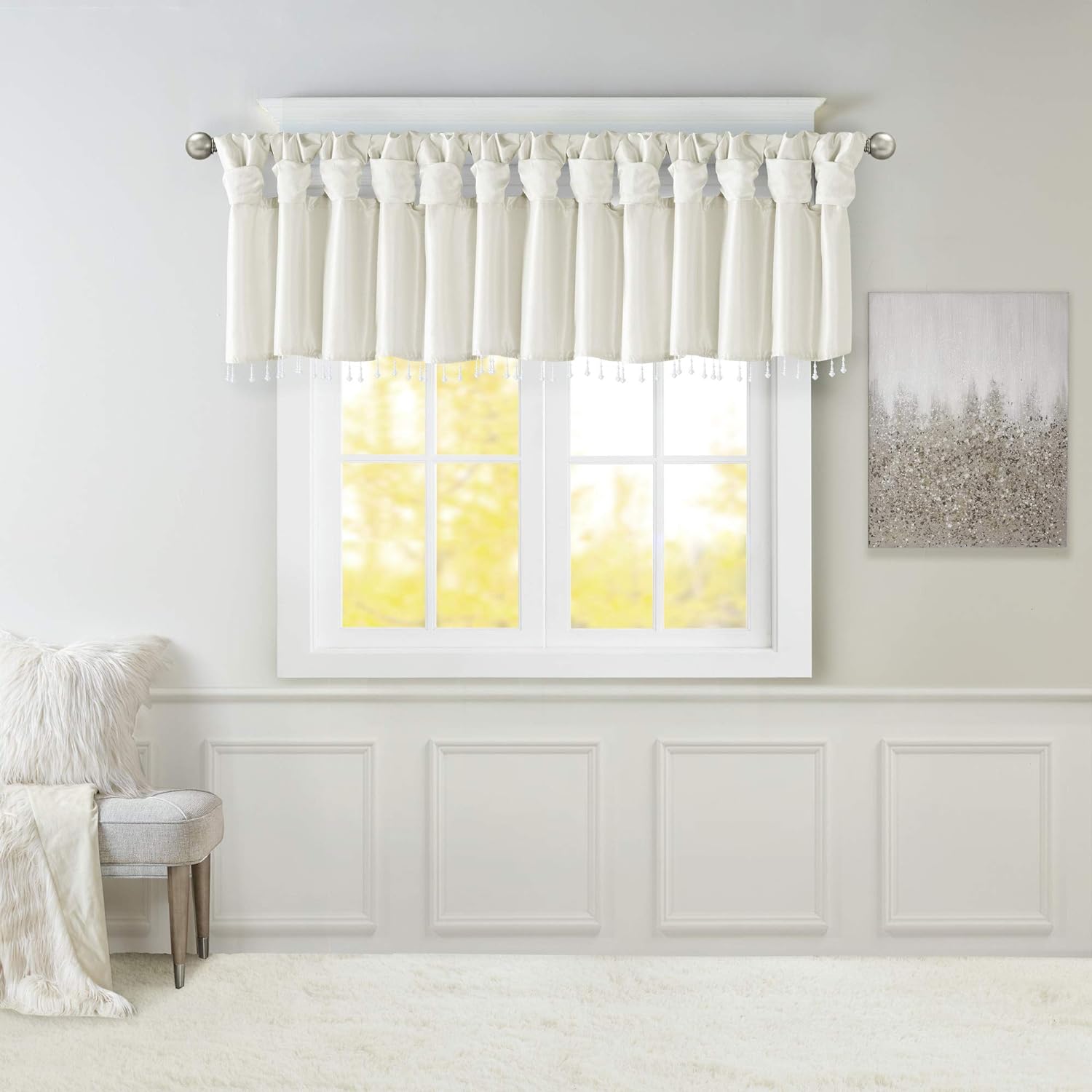 Madison Park Emilia Faux Silk Valances for Windows with Beads, Elegant window valance, 50W X 26L, White