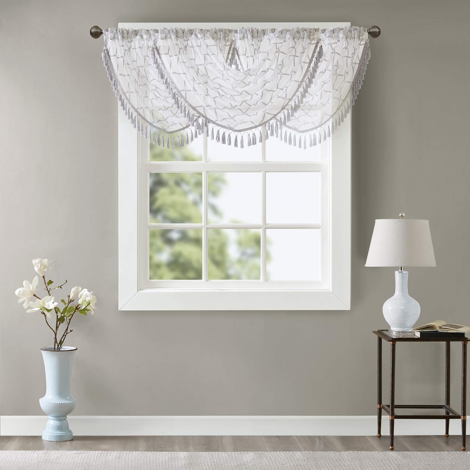 Madison Park Irina Diamond Sheer Embroidered Ascot Grey Window Valance , Elegant Pattern-Rod Pocket Valances for Windows , 38W X 46L , White / Gray