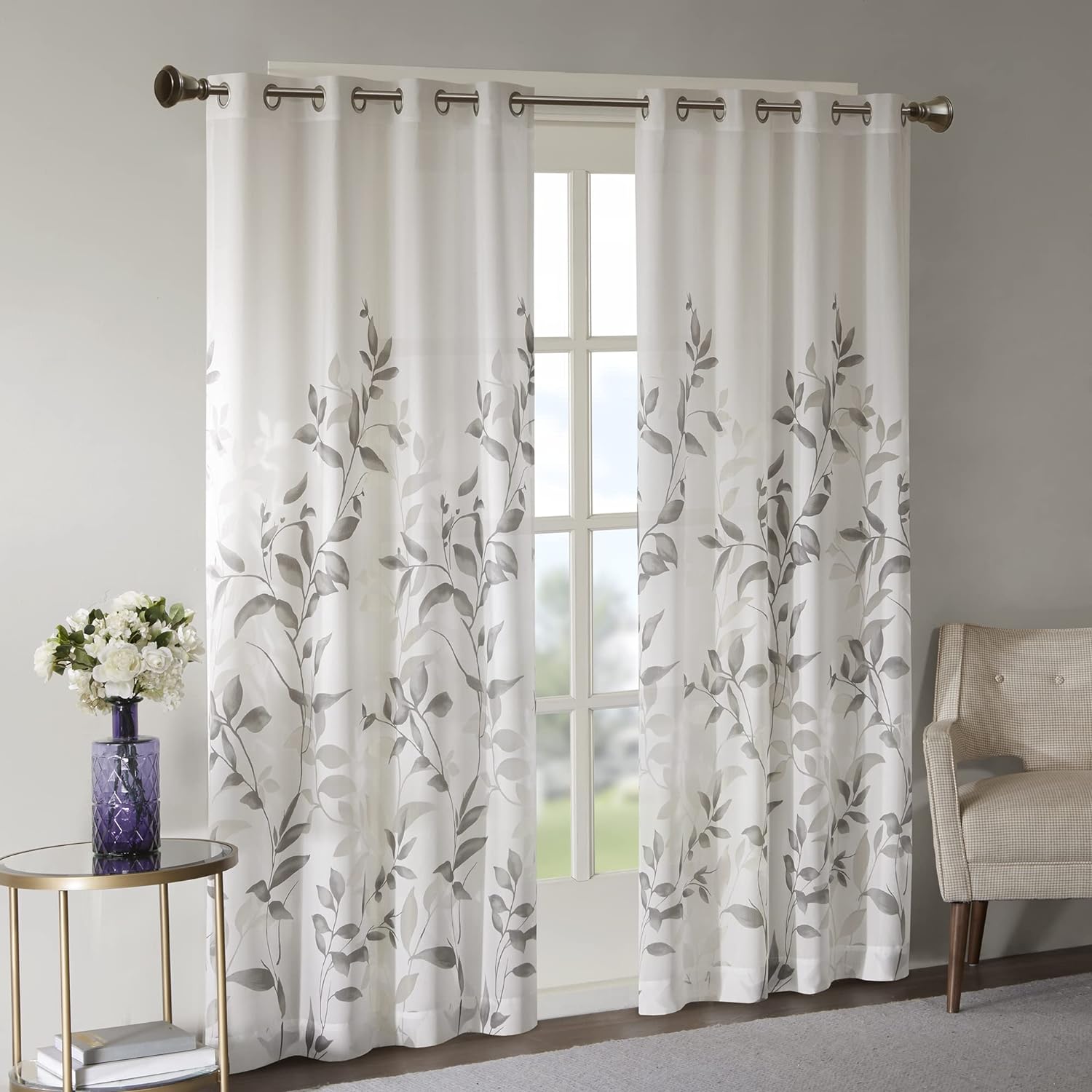 Madison Park Cecily Semi Sheer SINGLE Panel Window Curtain Burnout Botanical Print, Easy To Hang, Fits up to 1.25 Diameter Rod, 50x84, Leaves Grey