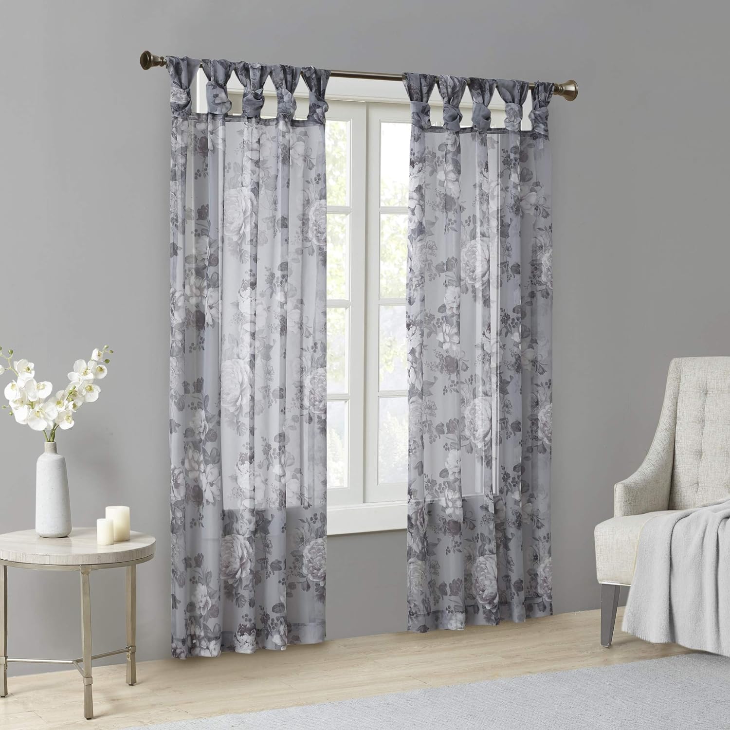 Madison Park Simone Floral Design Sheer Single Window Curtain Voile Privacy Drape for Bedroom, Livingroom, 50 x 84, Grey (MP40-6614)