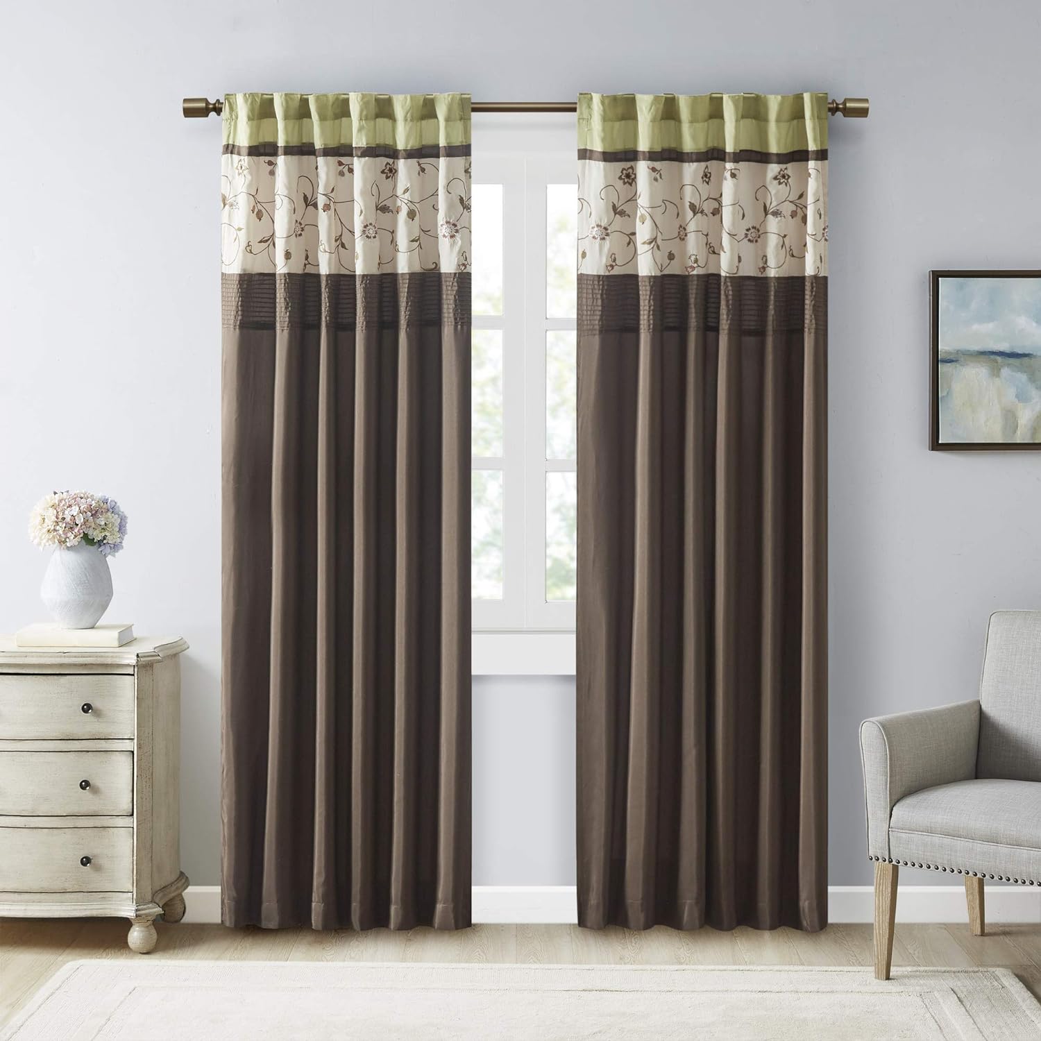 Madison Park Serene Embroidered Light Filtering Treatment Curtain Rod Pocket/Back Tab Single Window Panel Drape for Bedroom Livingroom and Dorm, 50x84, Green