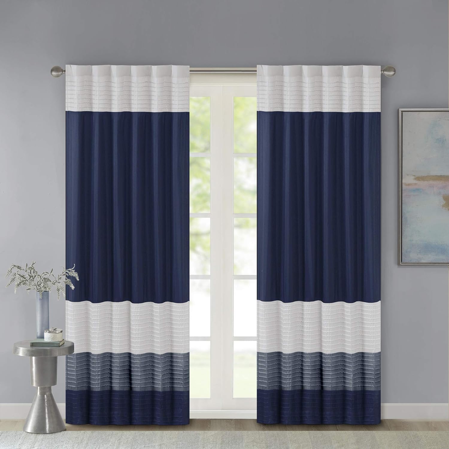 Madison Park Amherst Single Panel Faux Silk Rod Pocket Curtain With Privacy Lining for Living Room, Window Drape for Bedroom and Dorm, 50x84, Navy