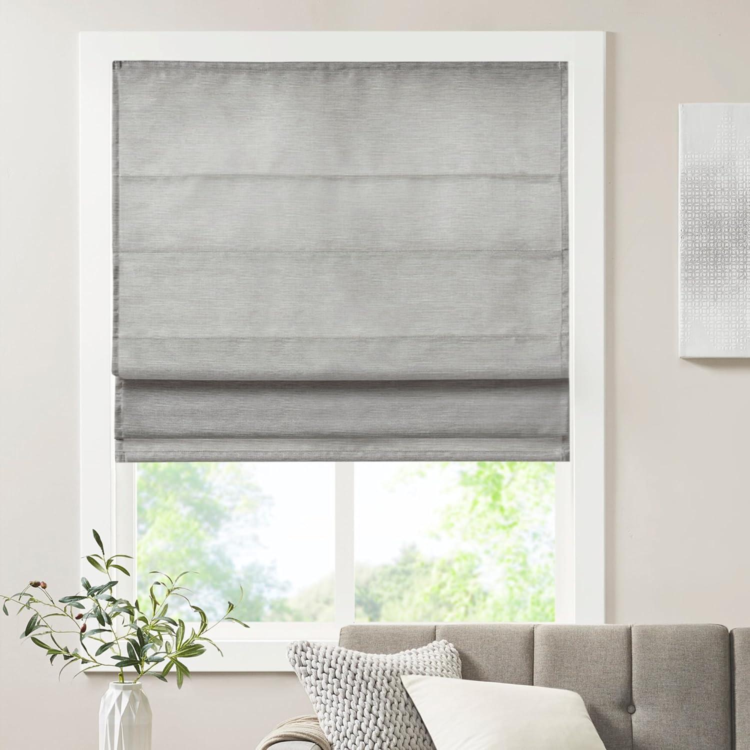 Madison Park Cordless Roman Shades - Fabric Privacy Single Panel Darkening, Energy Efficient, Thermal Insulated Window Blind Treatment, for Bedroom, Living Room Decor, 39x64, Como, Grey