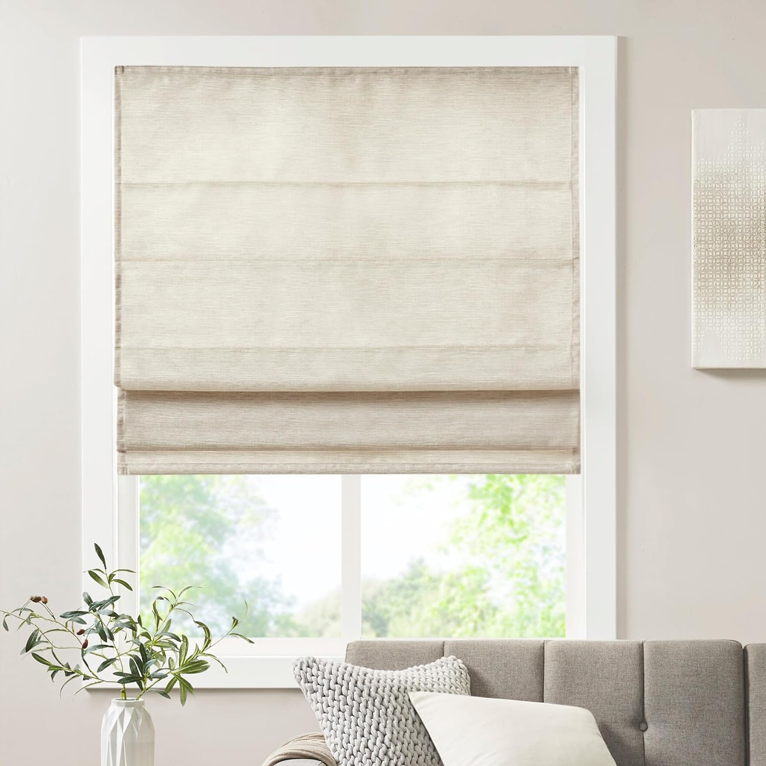 Madison Park Cordless Roman Shades - Fabric Privacy Single Panel Darkening, Energy Efficient, Thermal Insulated Window Blind Treatment, for Bedroom, Living Room Decor, 39x64, Como, Ivory