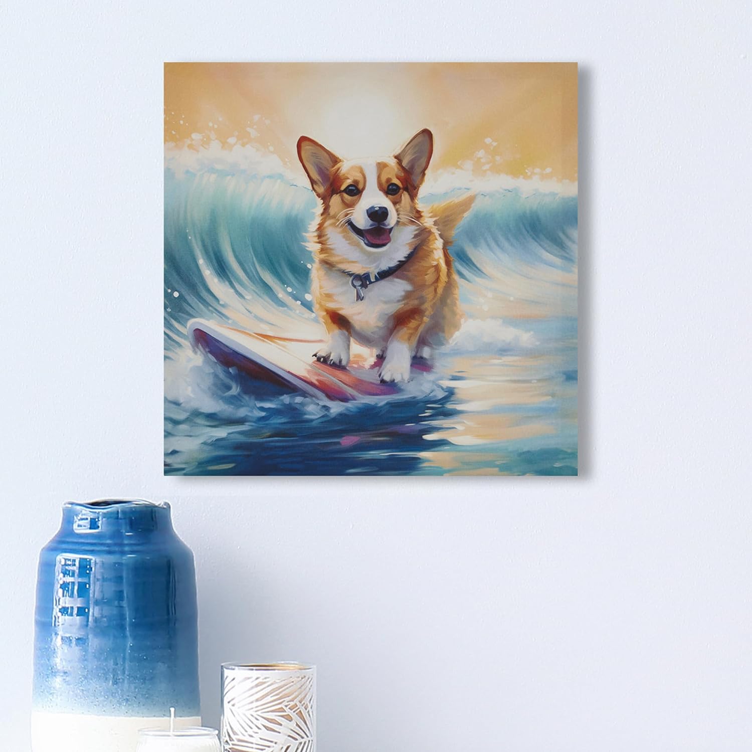 Madison Park Dog Wall Art, Funny Animal Canvas Wall Decor for Bedroom, Printed And Stretched On Wooden Frame, Ready To Hang, Ocean Waves, Nursery, Living Room Dcor - Corgi Beach Dogs