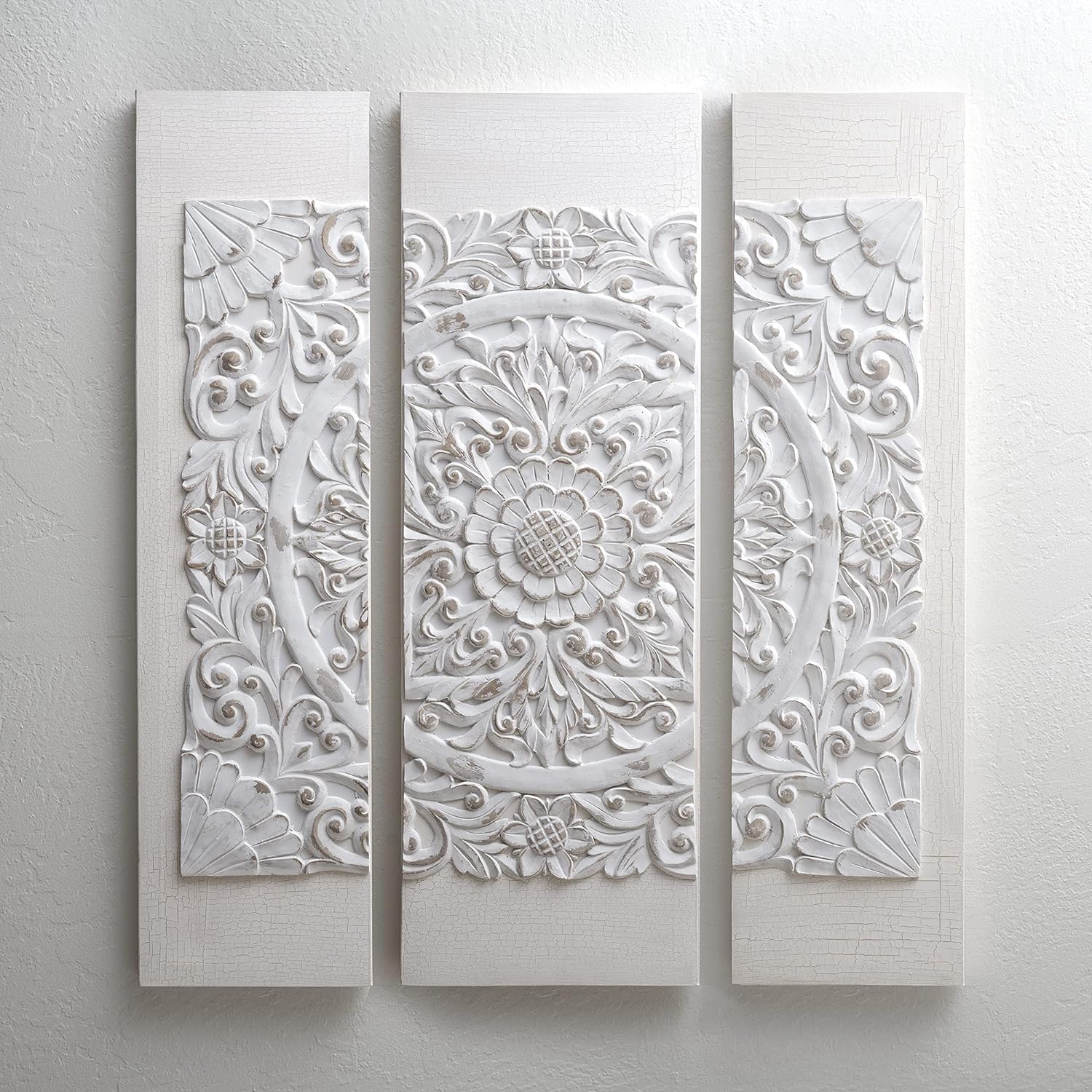 Madison Park Wall Art Living Room Decor - White Mandala Damask 3D Embelished Canvas, Home Accent Dining, Bathroom Decoration, Ready to Hang Painting for Bedroom, Multi-sizes, Off White 3 Piece