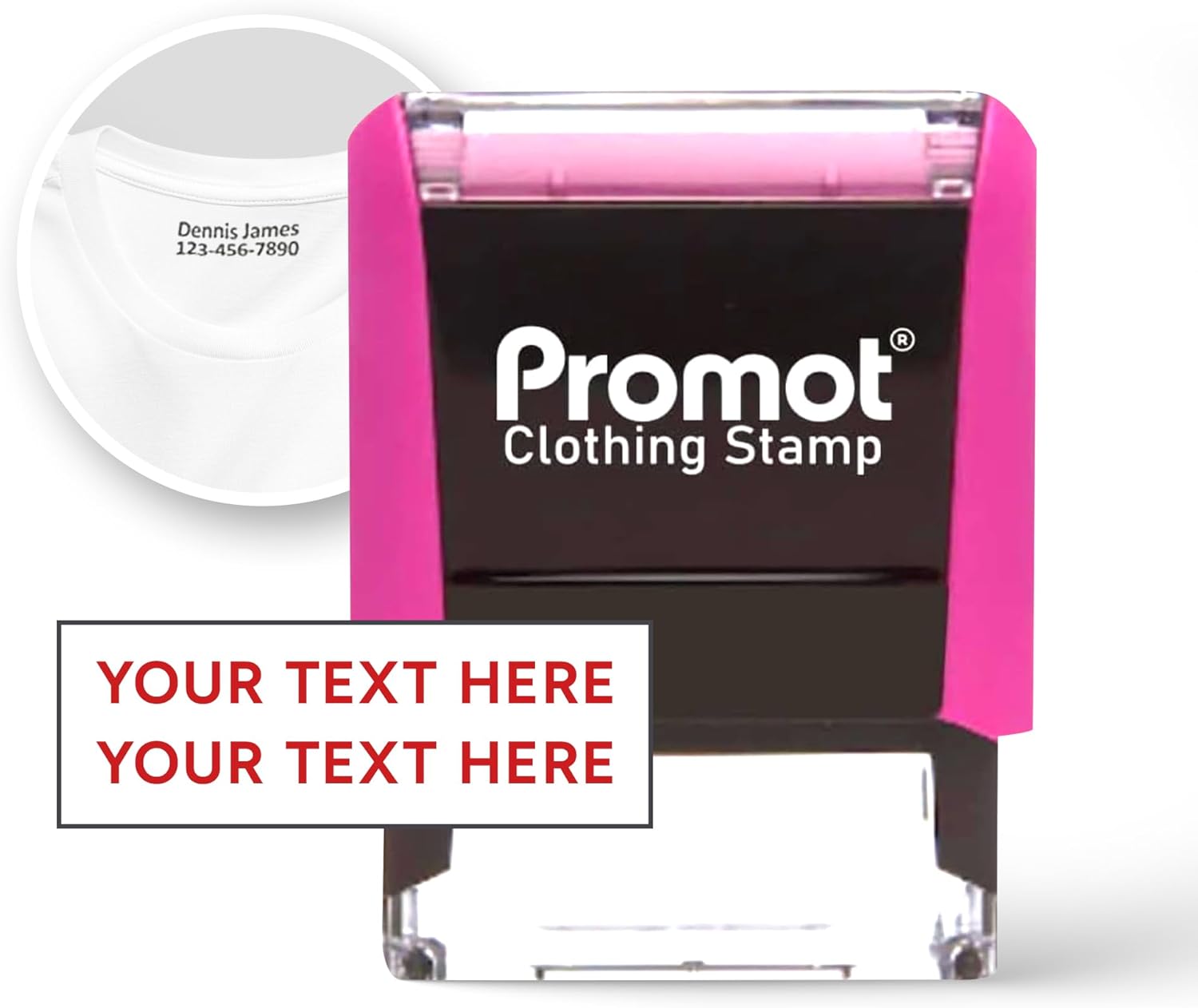 Promot Clothing Stamp - Self Inking Name Stamp for Personalized Shirt, School Uniform, Baby Clothes, Nursing Home, Camp, Custom Labels, and More - Up to 2 Lines of Text, Approx 16 Characters Per Line