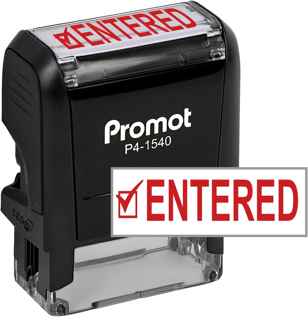 Promot Entered Self Inking Rubber Stamp - Refillable Stampers for Office - Business, Accounting, Bookkeeping, Coding, Legal, Notary, Work, Ordering, Inventory Stamps - Red Ink