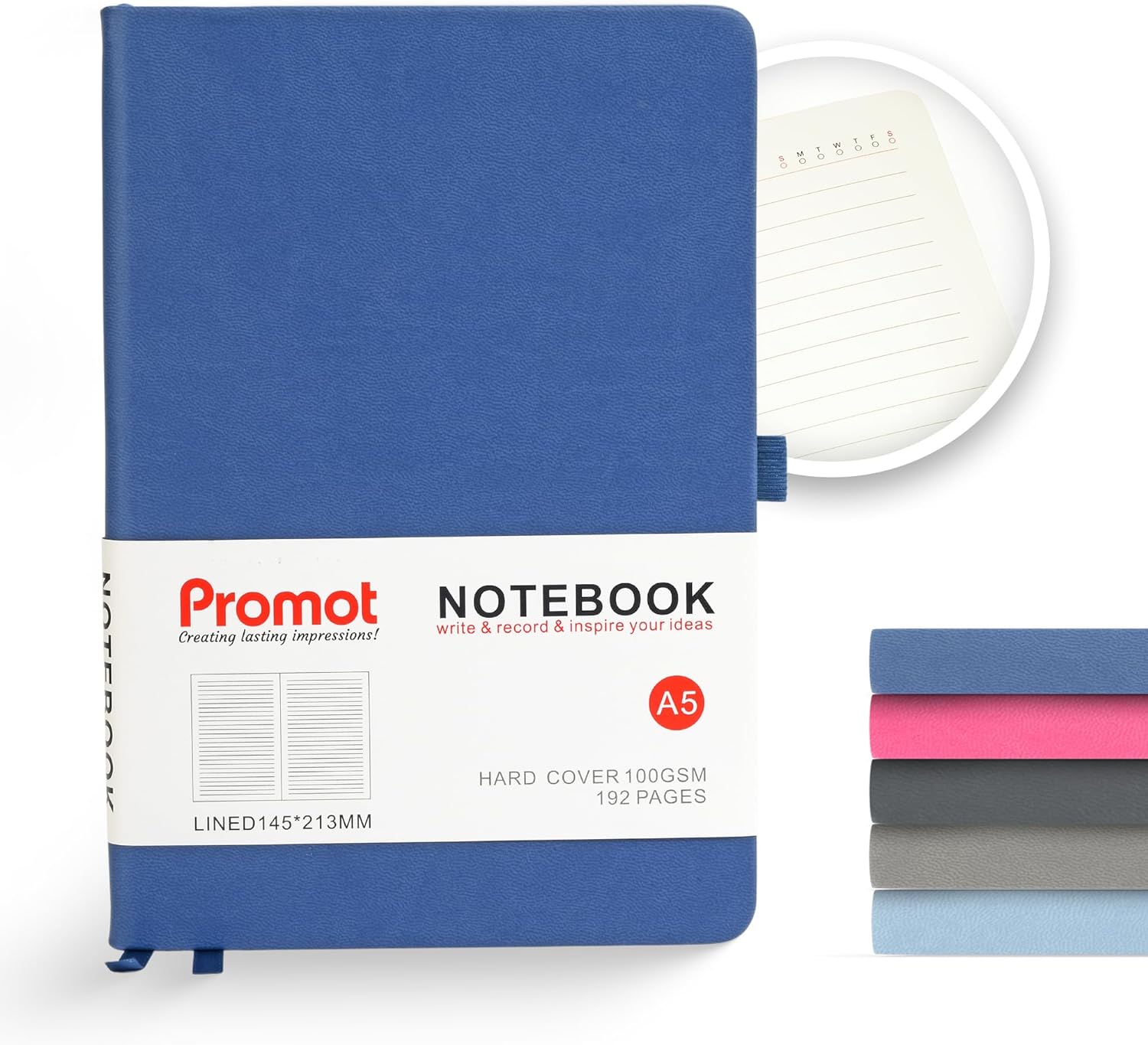 Promot Lined Journal Notebook - A5 Premium Writing Notebook, 192 Pages, Medium 5.5 x 8.2 Inches, 100 GSM Thick Paper, PU Leather, Pen Loop, Inner Pocket, Elastic Band - Blue Hardcover Notebook