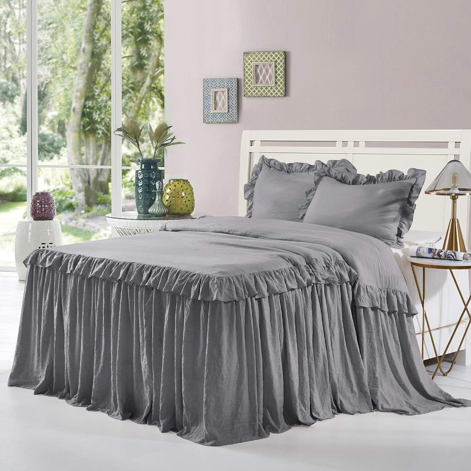 HIG 3 Piece Ruffle Skirt Bedspread Set King - Dark Gray 30 inches