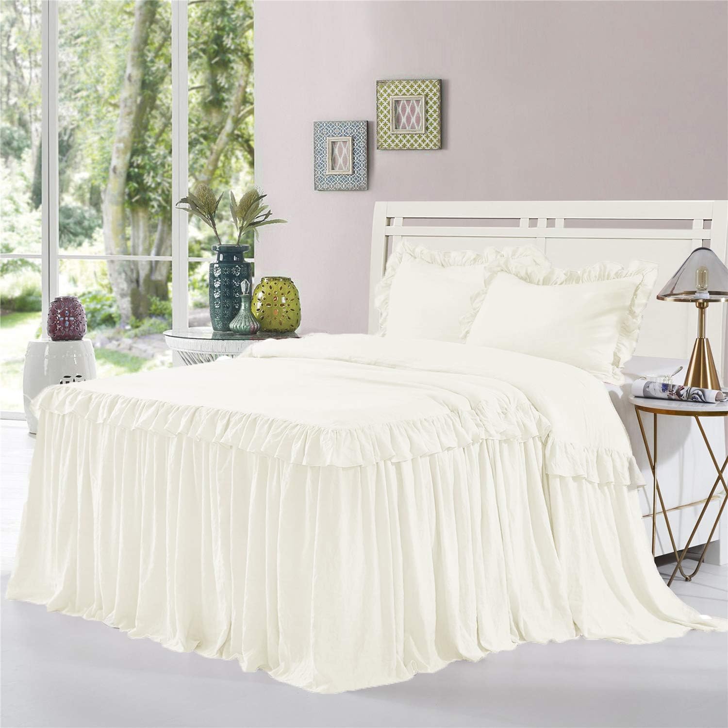 HIG 3 Piece Ruffle Skirt Bedspread Set King - Gray Color 30 inches