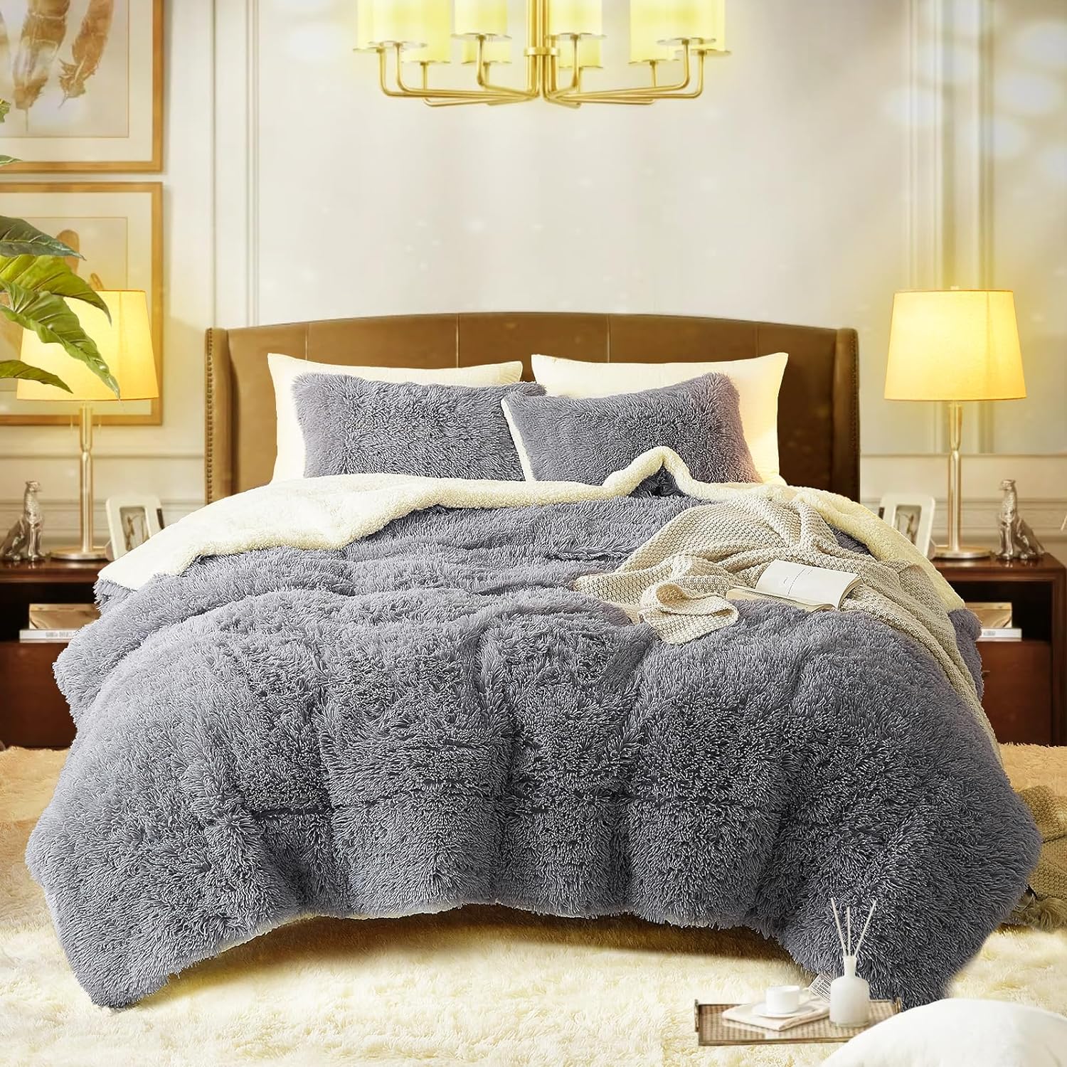 Luxury Faux Fur Full/Queen Size Winter Comforter Set Shaggy Velvet Gray ...