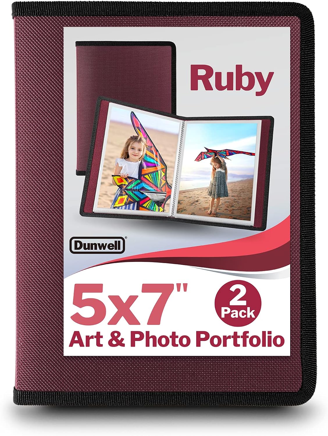 Dunwell Small Photo Album 5x7 (Ruby) - 2-Pack 5 x 7 Photo Book Album, Each Shows 48 Pictures, Mini Photo Portfolio Folder for Artwork, Baby Photo Albums with 5x7 Photo Sleeves