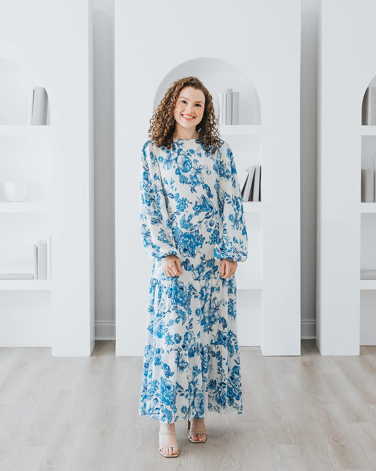 The Drop Women' Azure Blue Floral Print Tiered Maxi Dress by @withloveleena