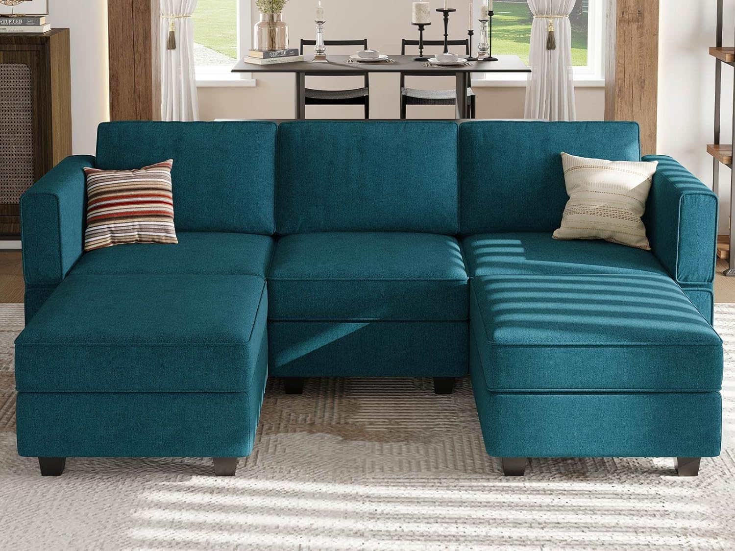 Belffin Modular Sectional Sofa Fabric U Shaped Couch Double Chaise Sectional Couch Convertible Ottoman Sofa with Storage Peacock Blue