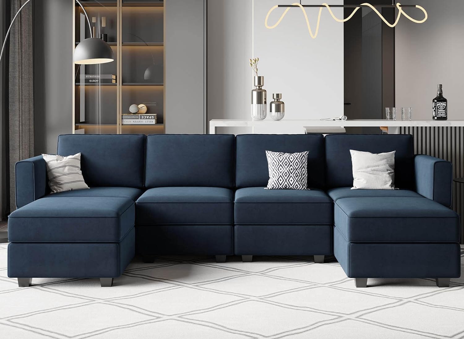 Belffin Modular Sectional Sofa U Shaped Velvet Couch with Reversible Chaise Oversized Couch with Ottoman Blue