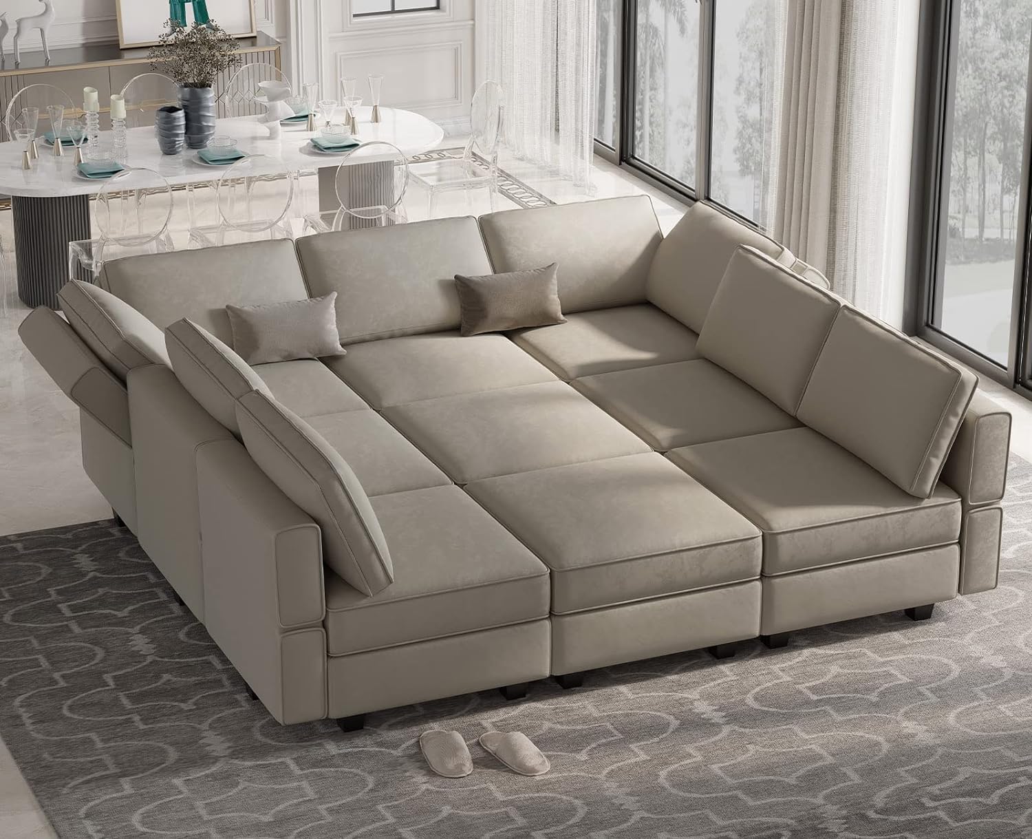 Belffin Reversible Velvet Modular Sectional Sleeper Sofa Bed with Ottomans, Storage and Chaise - Grey