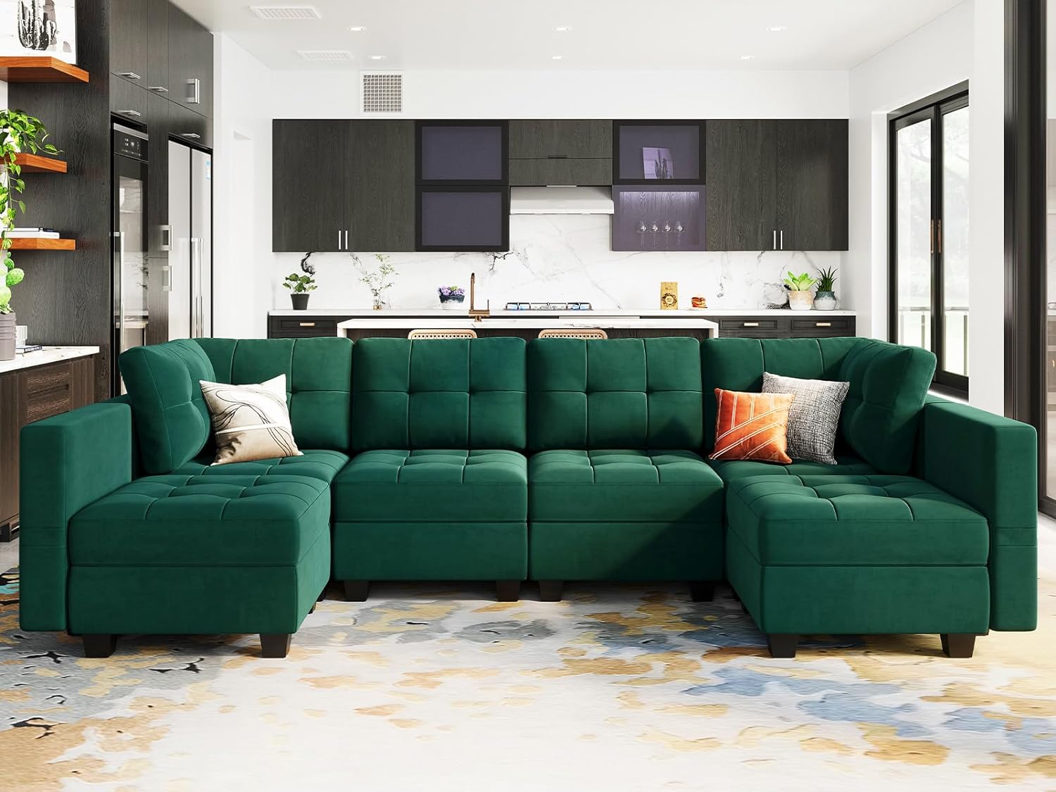 Belffin U Shaped Modular Sectional Sofa Couch, Oversized Sectional Sleeper Sofa with Chaise and Ottoman, Velvet Modular Sofa Set with Stoarge Seat, Green