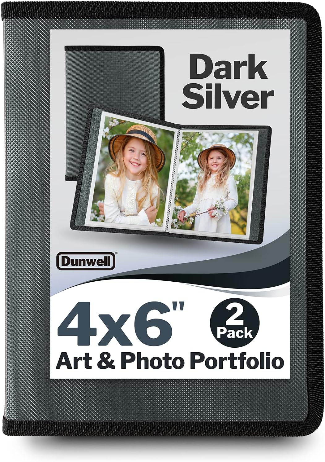 Dunwell Small Photo Album 4x6 (Dark Silver) - 2-Pack 4 x 6 Photo Book Album, Each Shows 48 Pictures, Mini Portfolio Folder for Artwork, Baby Photo Albums with 4x6 Photo Sleeves