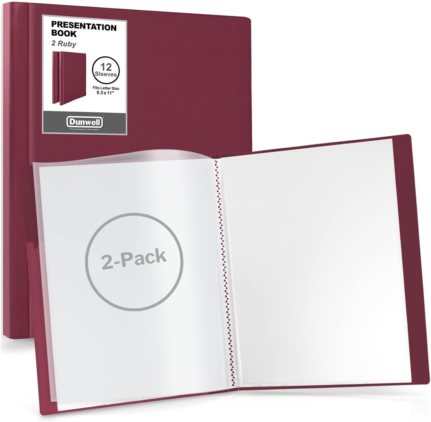 Dunwell Binder with Plastic Sleeves 12-Pocket (2 Pack, Ruby) - Presentation Book, 8.5 x 11 Portfolio Folder with Clear Sheet Protectors, Displays 24-Page Documents, Certificates, Important Papers